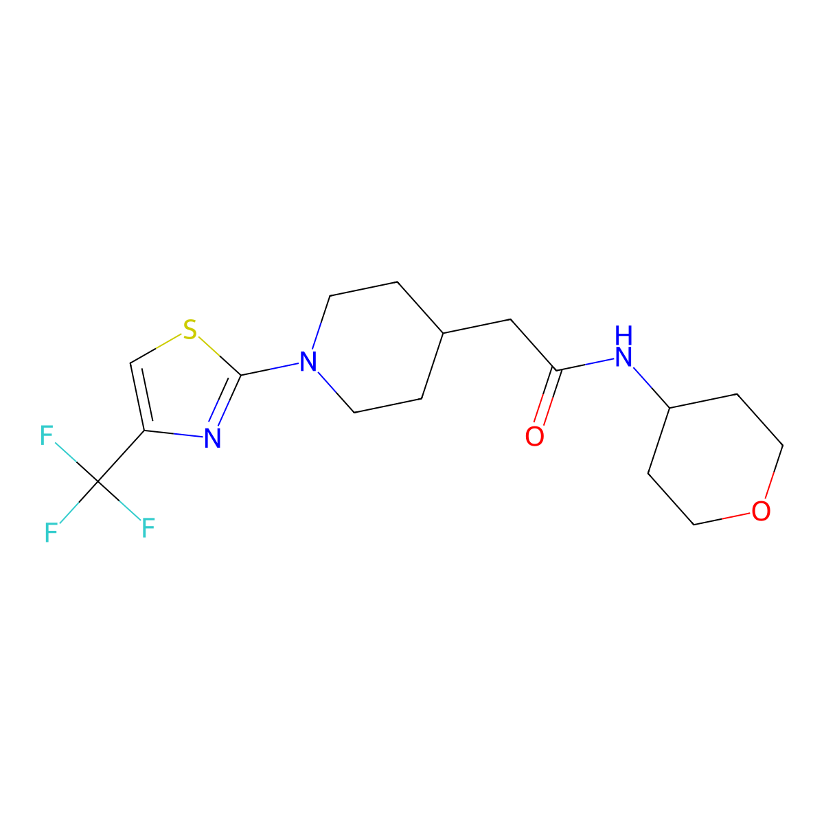 N-(oxan-4-yl)-2-{1-[4-(trifluoromethyl)-1,3-thiazol-2-yl]piperidin-4-yl}acetamide molecular structure, CAS 2877666-43-6