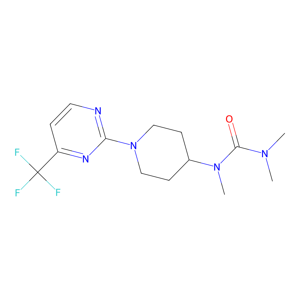 1,3,3-Trimethyl-1-{1-[4-(trifluoromethyl)pyrimidin-2-yl]piperidin-4-yl}urea molecular structure, CAS 2877666-44-7