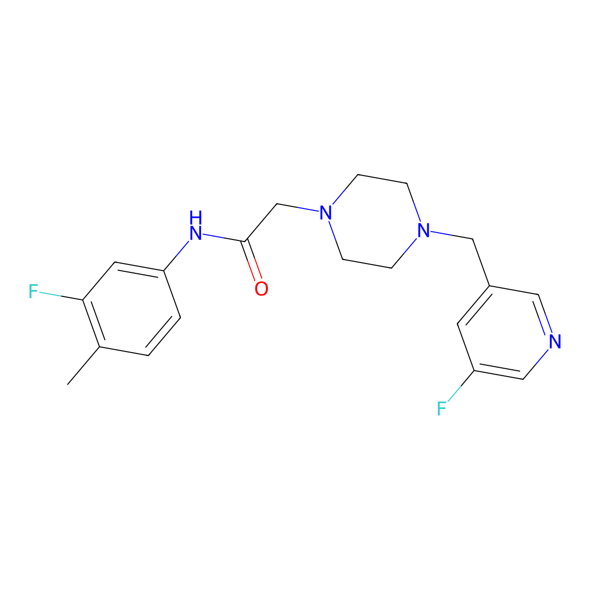 N-(3-fluoro-4-methylphenyl)-2-{4-[(5-fluoropyridin-3-yl)methyl]piperazin-1-yl}acetamide molecular structure, CAS 2877666-46-9