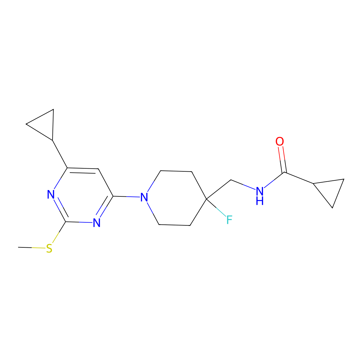 N-({1-[6-cyclopropyl-2-(methylsulfanyl)pyrimidin-4-yl]-4-fluoropiperidin-4-yl}methyl)cyclopropanecarboxamide molecular structure, CAS 2877666-47-0