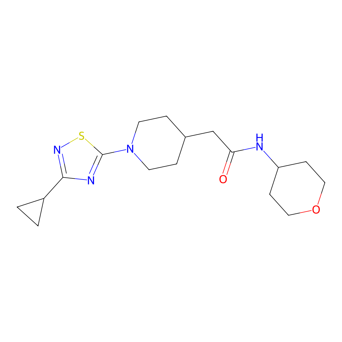 2-[1-(3-cyclopropyl-1,2,4-thiadiazol-5-yl)piperidin-4-yl]-N-(oxan-4-yl)acetamide molecular structure, CAS 2877666-49-2
