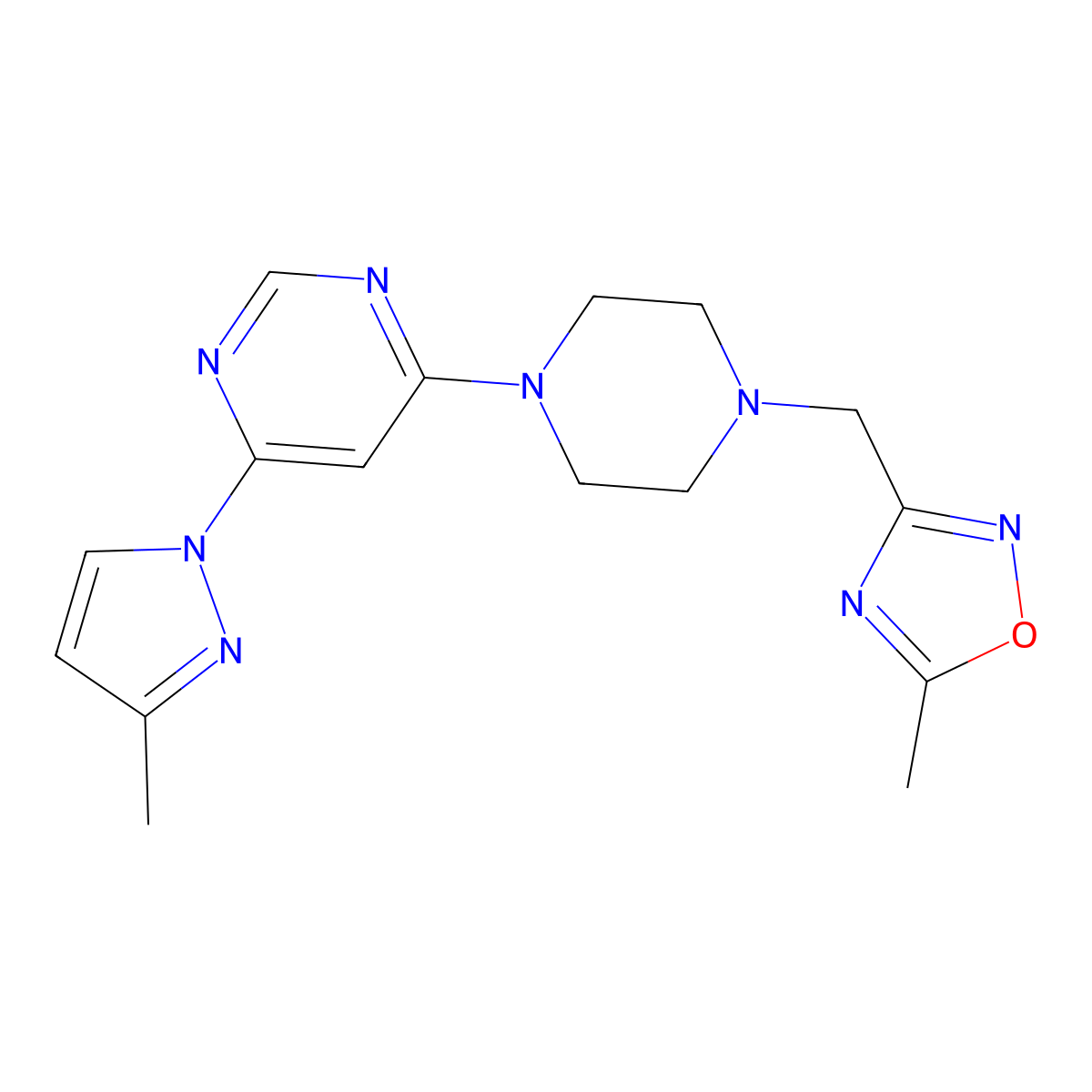 4-{4-[(5-methyl-1,2,4-oxadiazol-3-yl)methyl]piperazin-1-yl}-6-(3-methyl-1H-pyrazol-1-yl)pyrimidine molecular structure, CAS 2877666-52-7