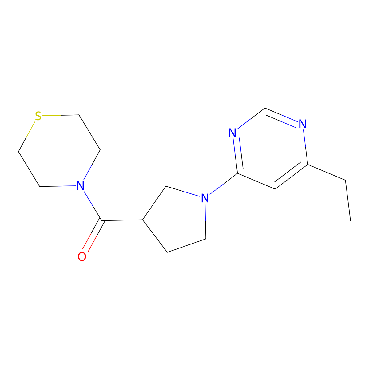 4-[1-(6-Ethylpyrimidin-4-yl)pyrrolidine-3-carbonyl]thiomorpholine molecular structure, CAS 2877666-66-3