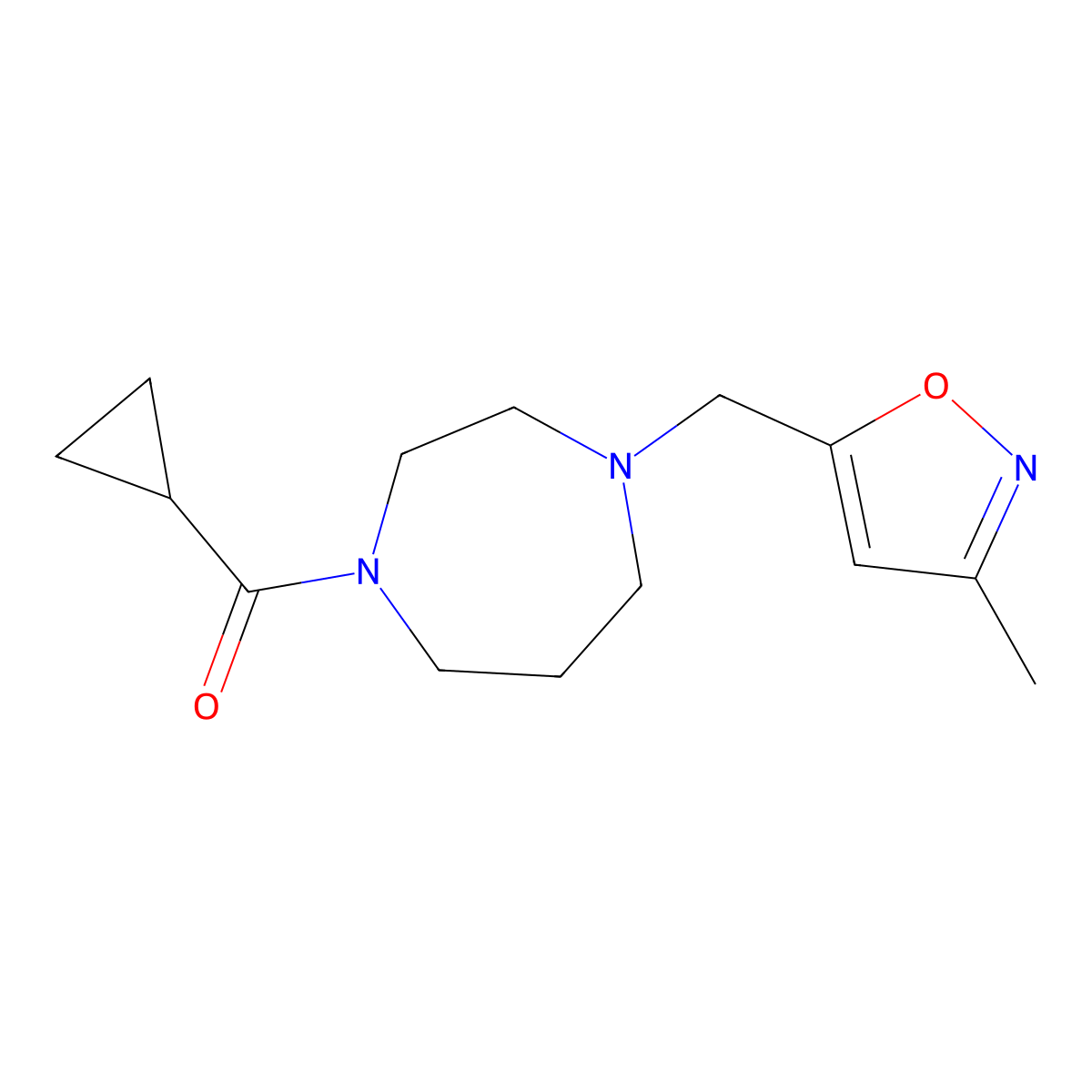 1-Cyclopropanecarbonyl-4-[(3-methyl-1,2-oxazol-5-yl)methyl]-1,4-diazepane molecular structure, CAS 2877666-73-2