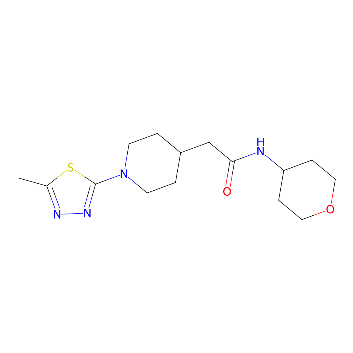 2-[1-(5-methyl-1,3,4-thiadiazol-2-yl)piperidin-4-yl]-N-(oxan-4-yl)acetamide molecular structure, CAS 2877666-74-3