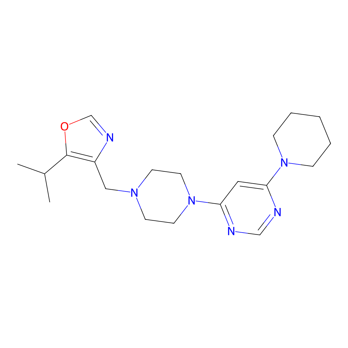 4-(Piperidin-1-yl)-6-(4-{[5-(propan-2-yl)-1,3-oxazol-4-yl]methyl}piperazin-1-yl)pyrimidine molecular structure, CAS 2877666-76-5