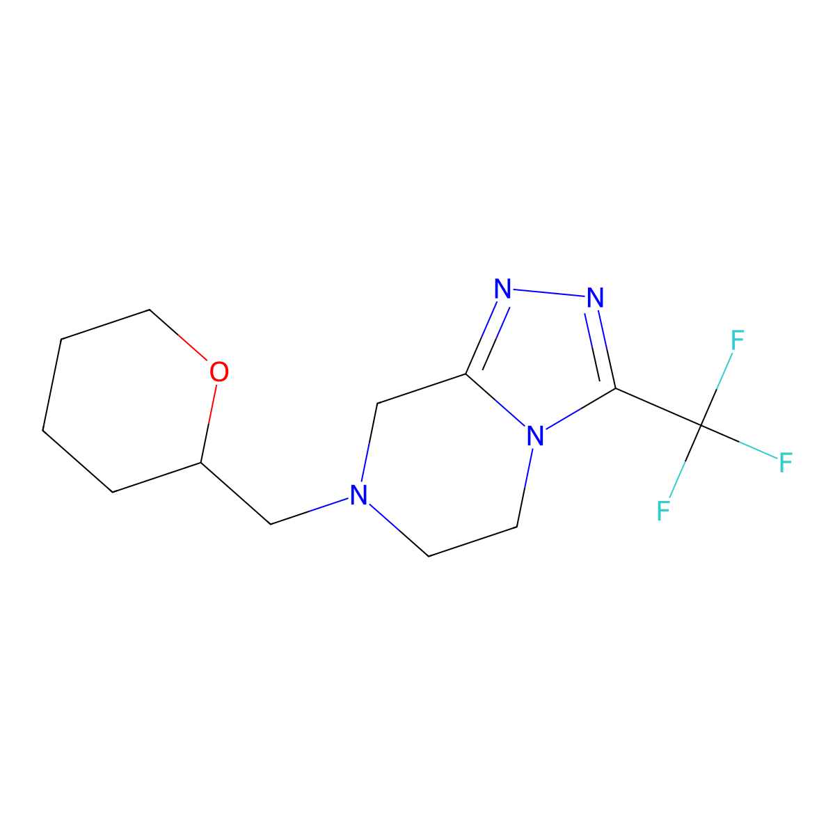 7-[(oxan-2-yl)methyl]-3-(trifluoromethyl)-5H,6H,7H,8H-[1,2,4]triazolo[4,3-a]pyrazine molecular structure, CAS 2877666-80-1