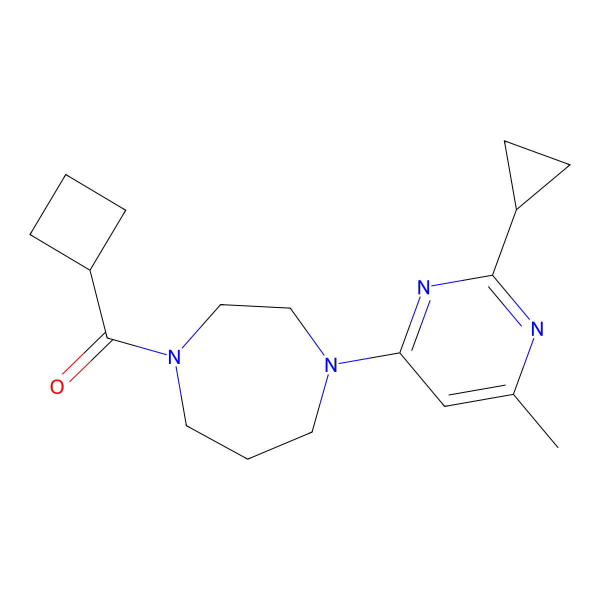 1-Cyclobutanecarbonyl-4-(2-cyclopropyl-6-methylpyrimidin-4-yl)-1,4-diazepane molecular structure, CAS 2877666-85-6