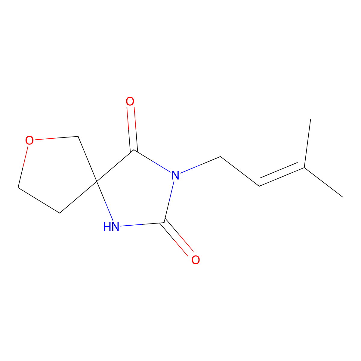 3-(3-Methylbut-2-en-1-yl)-7-oxa-1,3-diazaspiro[4.4]nonane-2,4-dione molecular structure, CAS 2877666-91-4