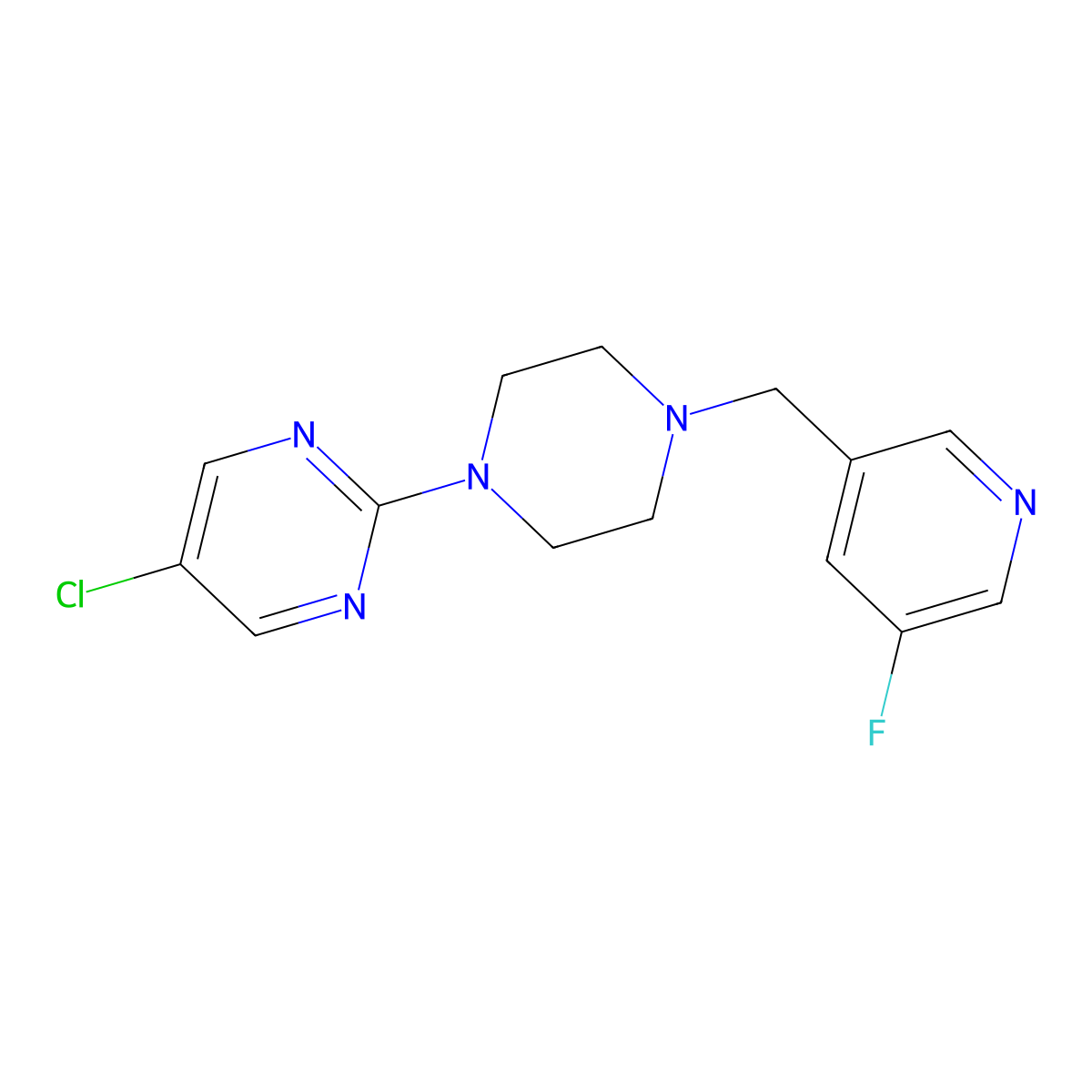 5-Chloro-2-{4-[(5-fluoropyridin-3-yl)methyl]piperazin-1-yl}pyrimidine molecular structure, CAS 2877667-00-8