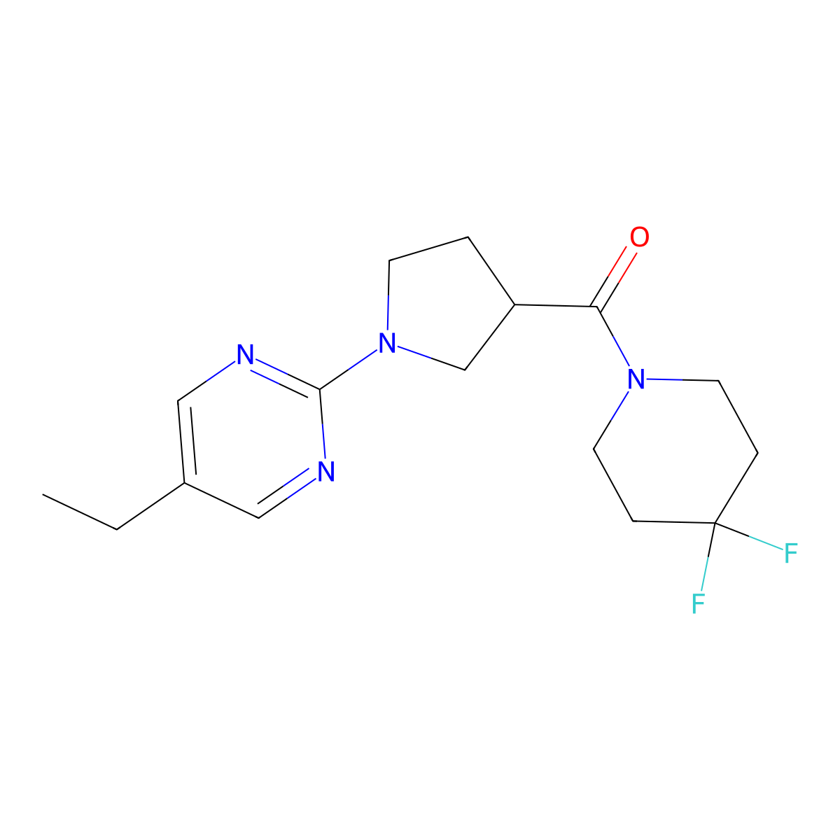 2-[3-(4,4-Difluoropiperidine-1-carbonyl)pyrrolidin-1-yl]-5-ethylpyrimidine molecular structure, CAS 2877667-10-0