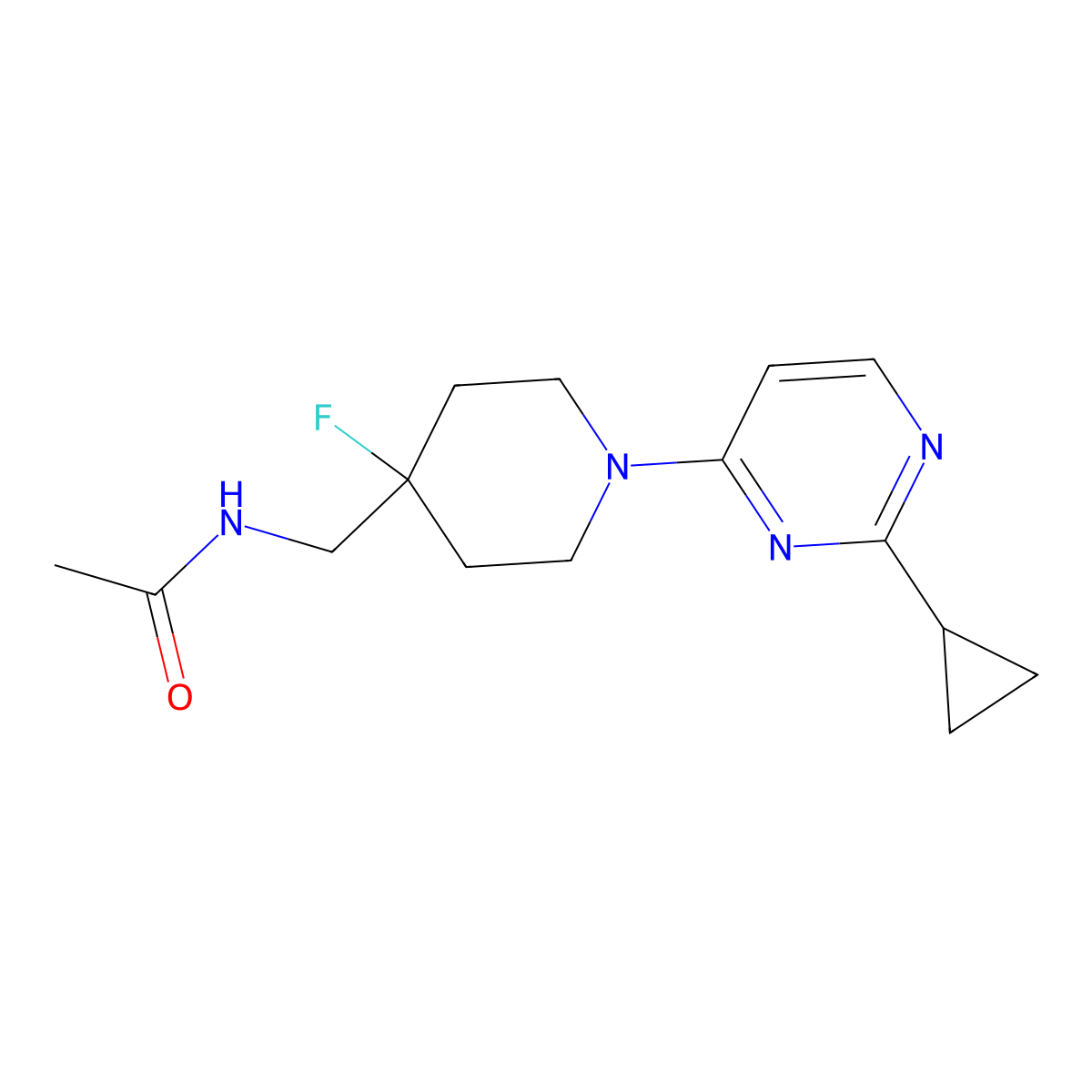 N-{[1-(2-cyclopropylpyrimidin-4-yl)-4-fluoropiperidin-4-yl]methyl}acetamide molecular structure, CAS 2877667-20-2