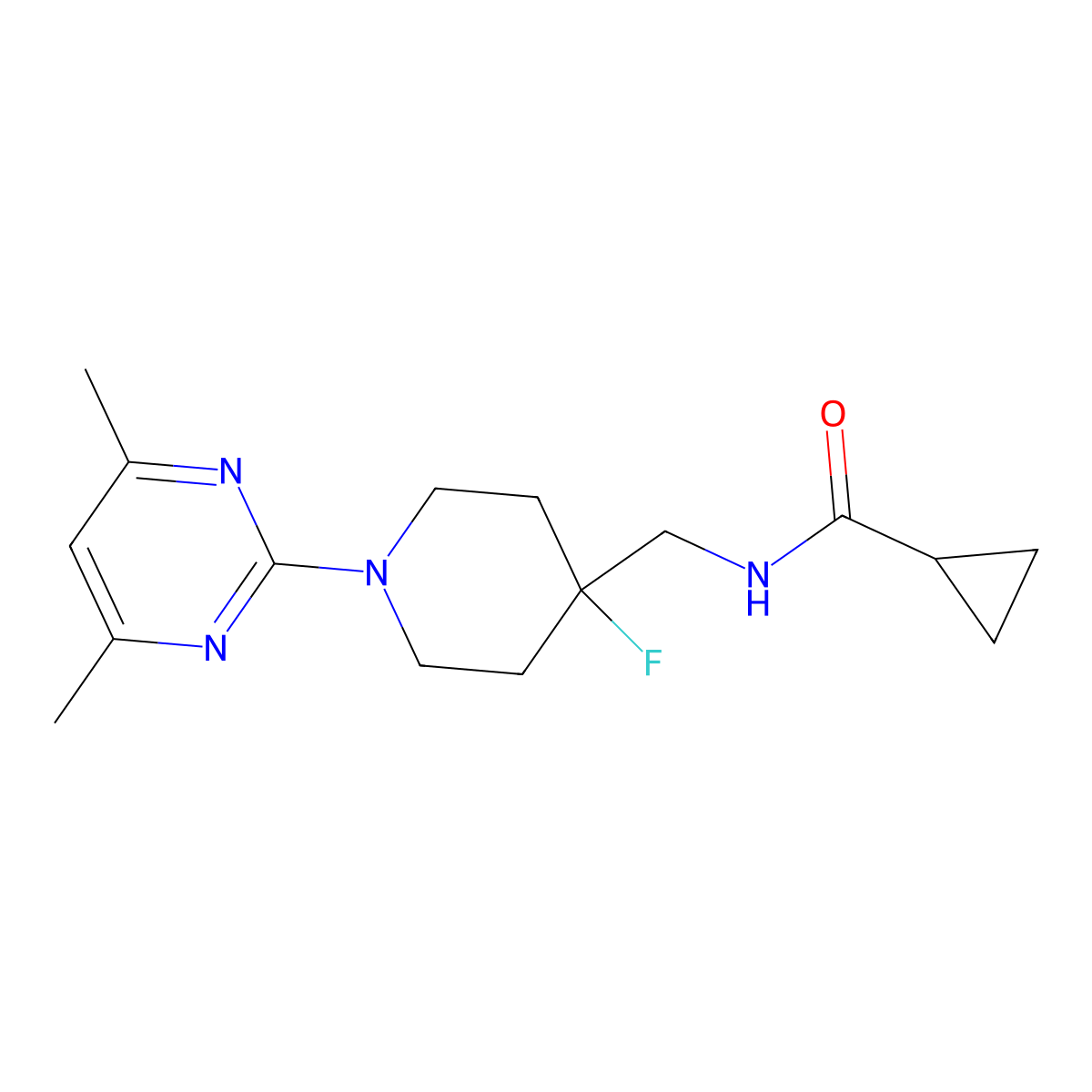 N-{[1-(4,6-dimethylpyrimidin-2-yl)-4-fluoropiperidin-4-yl]methyl}cyclopropanecarboxamide molecular structure, CAS 2877667-30-4