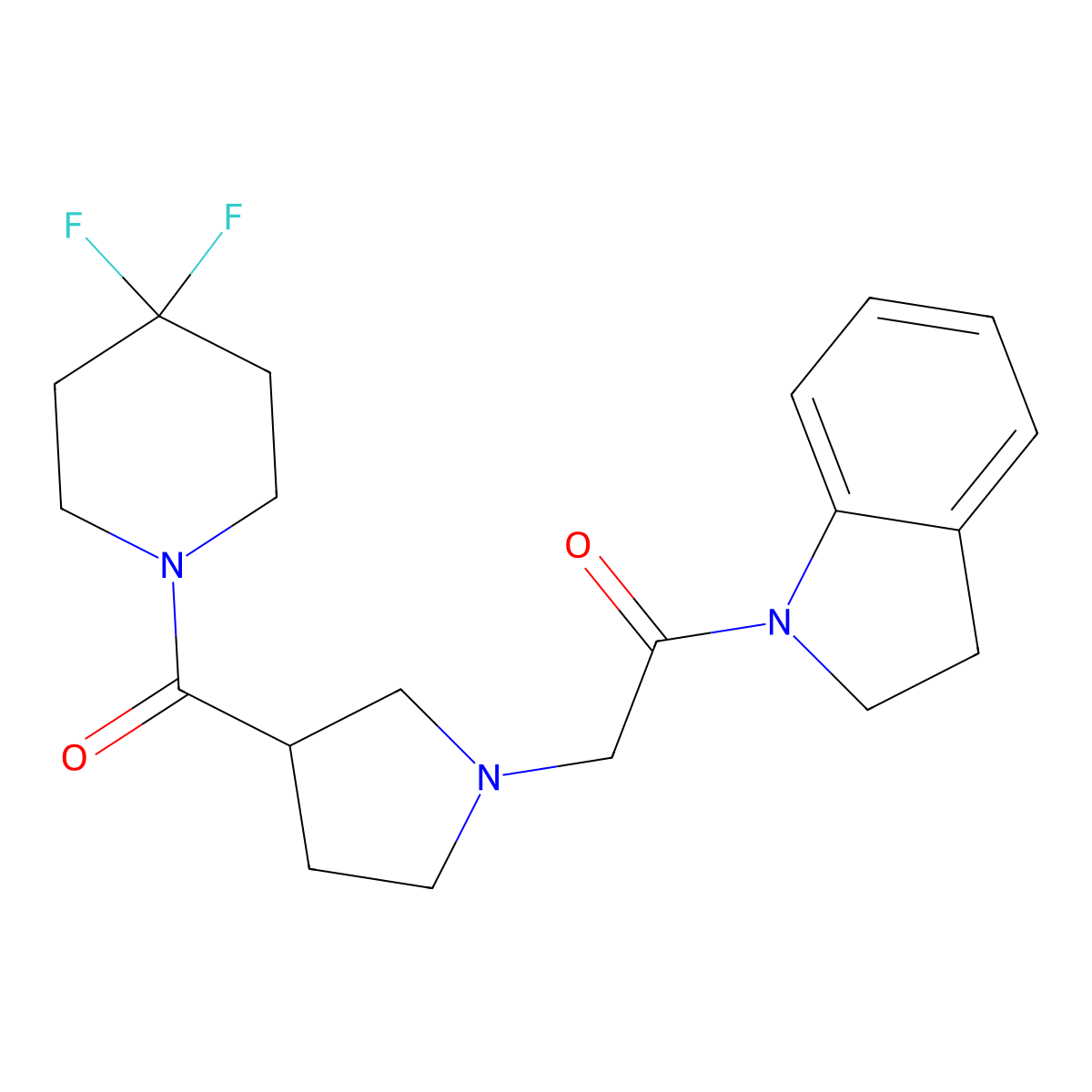 2-[3-(4,4-difluoropiperidine-1-carbonyl)pyrrolidin-1-yl]-1-(2,3-dihydro-1H-indol-1-yl)ethan-1-one molecular structure, CAS 2877667-36-0