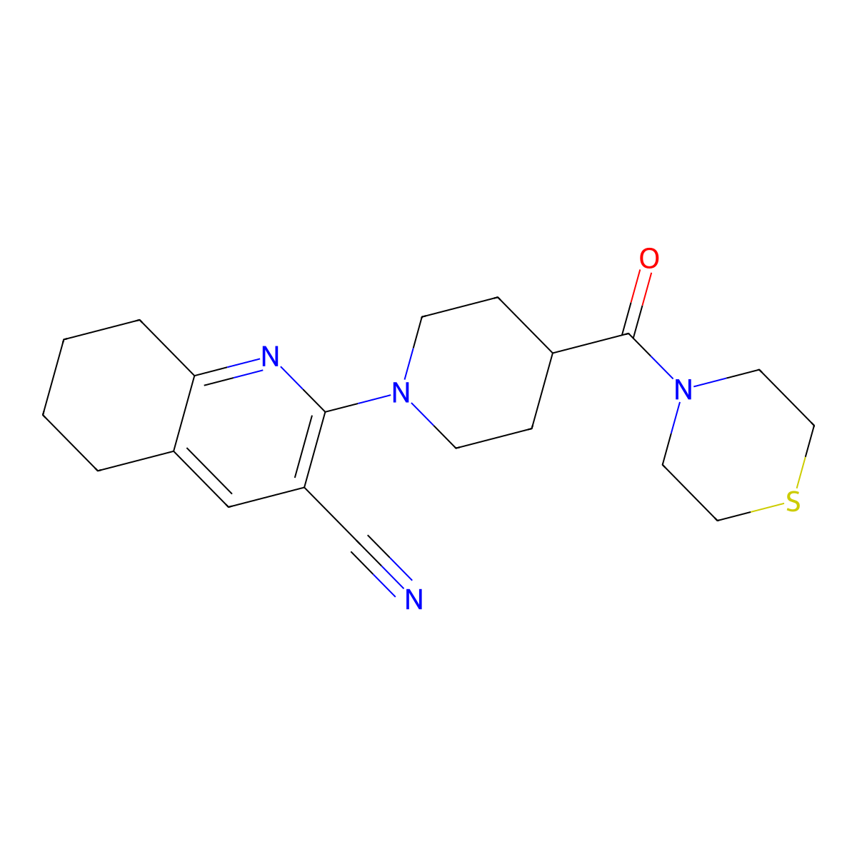 2-[4-(Thiomorpholine-4-carbonyl)piperidin-1-yl]-5,6,7,8-tetrahydroquinoline-3-carbonitrile molecular structure, CAS 2877667-42-8