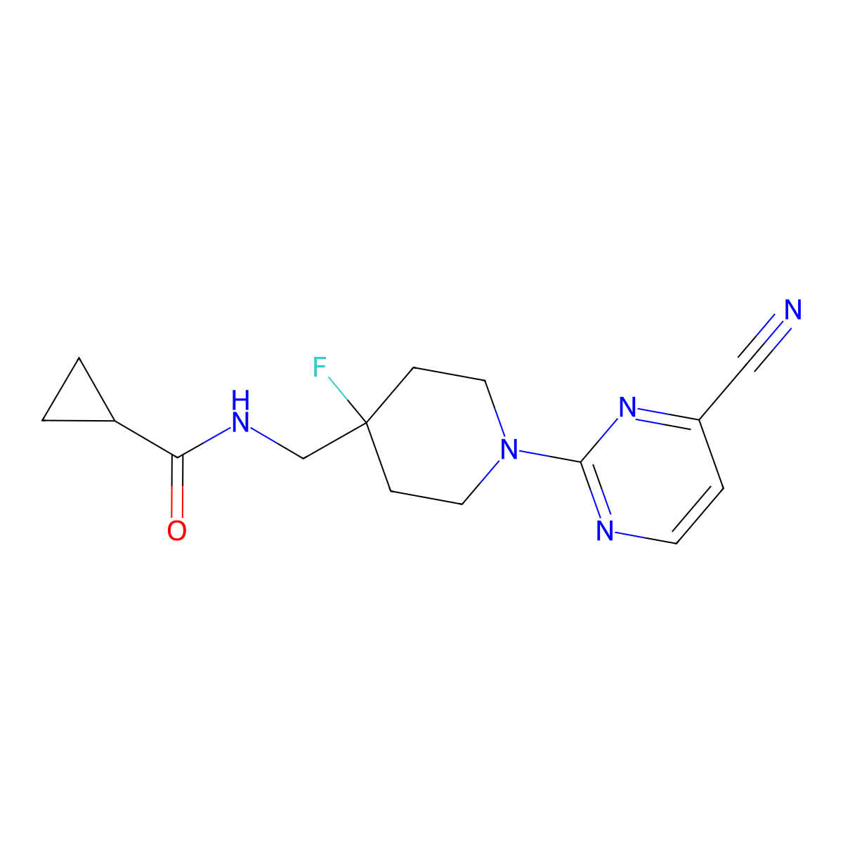 N-{[1-(4-cyanopyrimidin-2-yl)-4-fluoropiperidin-4-yl]methyl}cyclopropanecarboxamide molecular structure, CAS 2877667-47-3