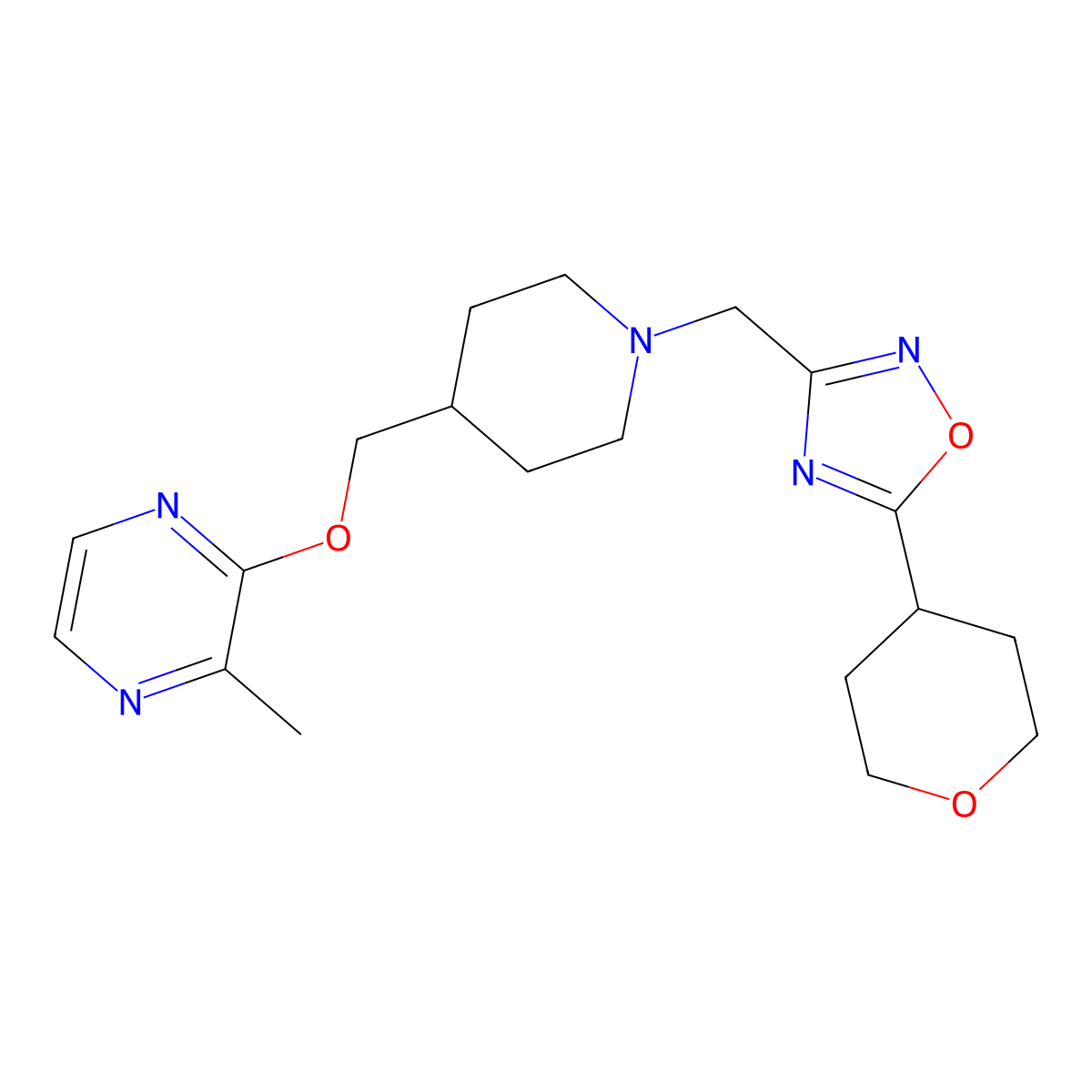2-Methyl-3-[(1-{[5-(oxan-4-yl)-1,2,4-oxadiazol-3-yl]methyl}piperidin-4-yl)methoxy]pyrazine molecular structure, CAS 2877667-50-8