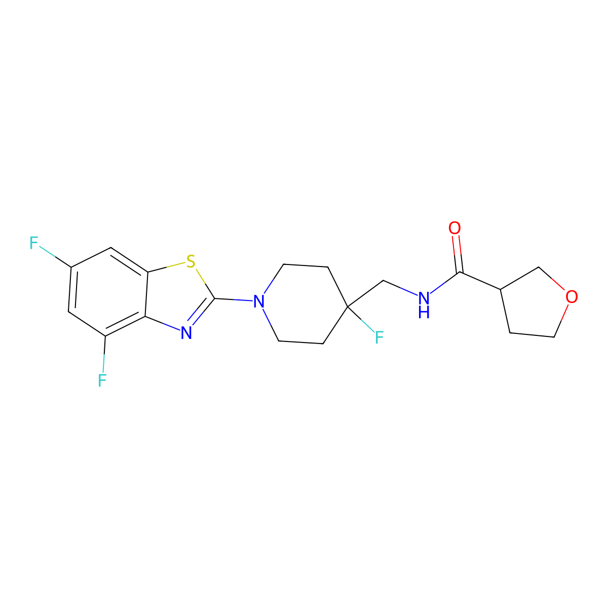 N-{[1-(4,6-difluoro-1,3-benzothiazol-2-yl)-4-fluoropiperidin-4-yl]methyl}oxolane-3-carboxamide molecular structure, CAS 2877667-58-6