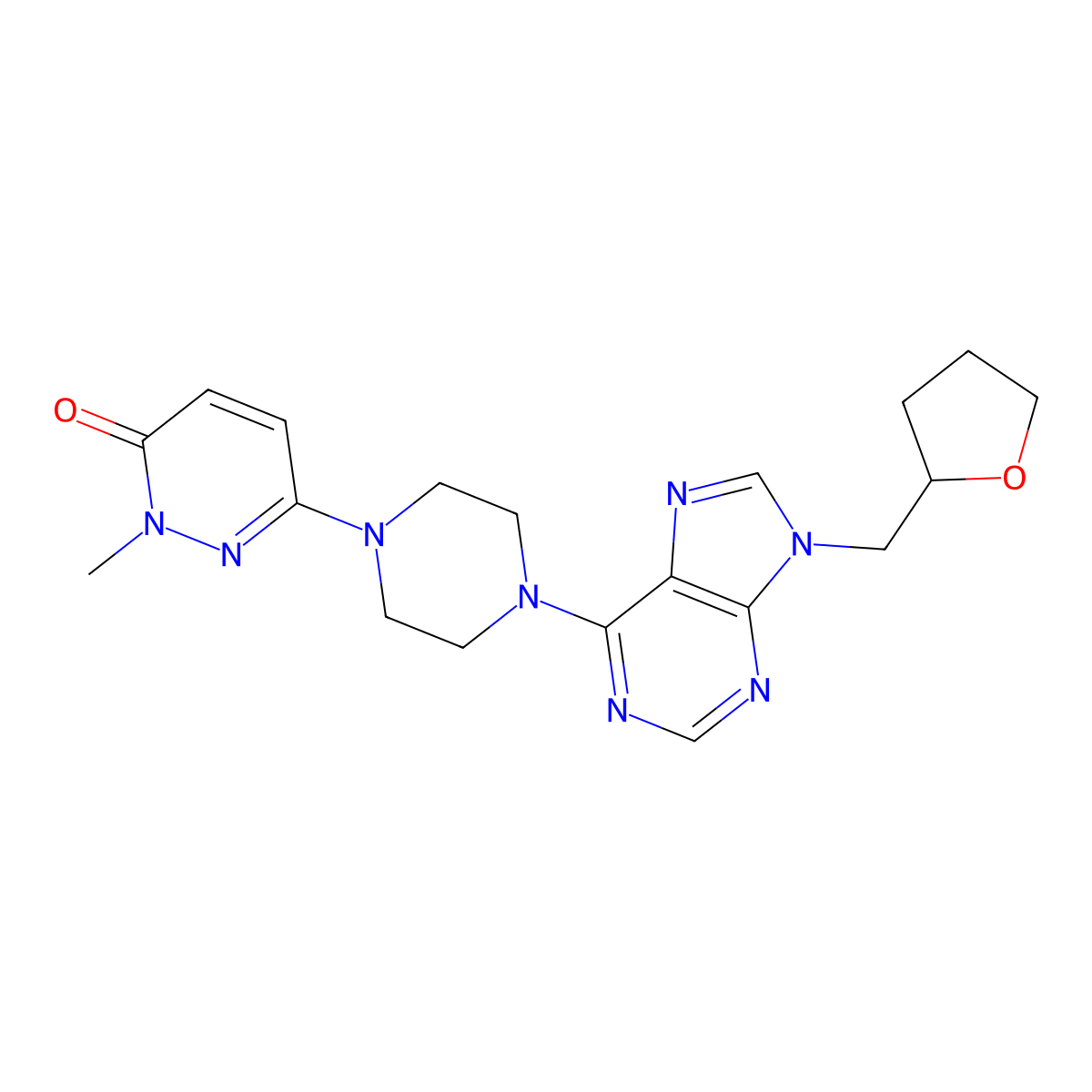 2-methyl-6-(4-{9-[(oxolan-2-yl)methyl]-9H-purin-6-yl}piperazin-1-yl)-2,3-dihydropyridazin-3-one molecular structure, CAS 2877667-62-2