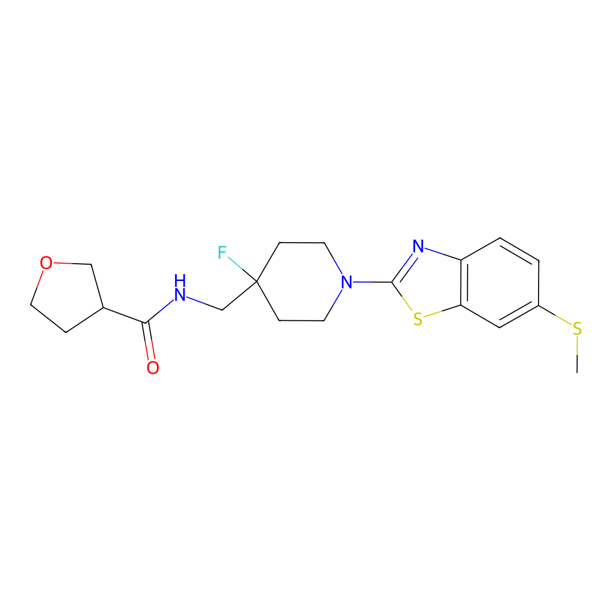 N-({4-fluoro-1-[6-(methylsulfanyl)-1,3-benzothiazol-2-yl]piperidin-4-yl}methyl)oxolane-3-carboxamide molecular structure, CAS 2877667-70-2