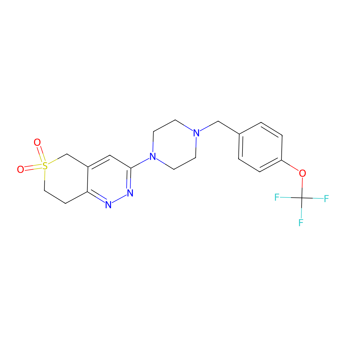 3-[4-[[4-(trifluoromethoxy)phenyl]methyl]piperazin-1-yl]-7,8-dihydro-5H-thiopyrano[4,3-c]pyridazine 6,6-dioxide molecular structure, CAS 2877667-75-7