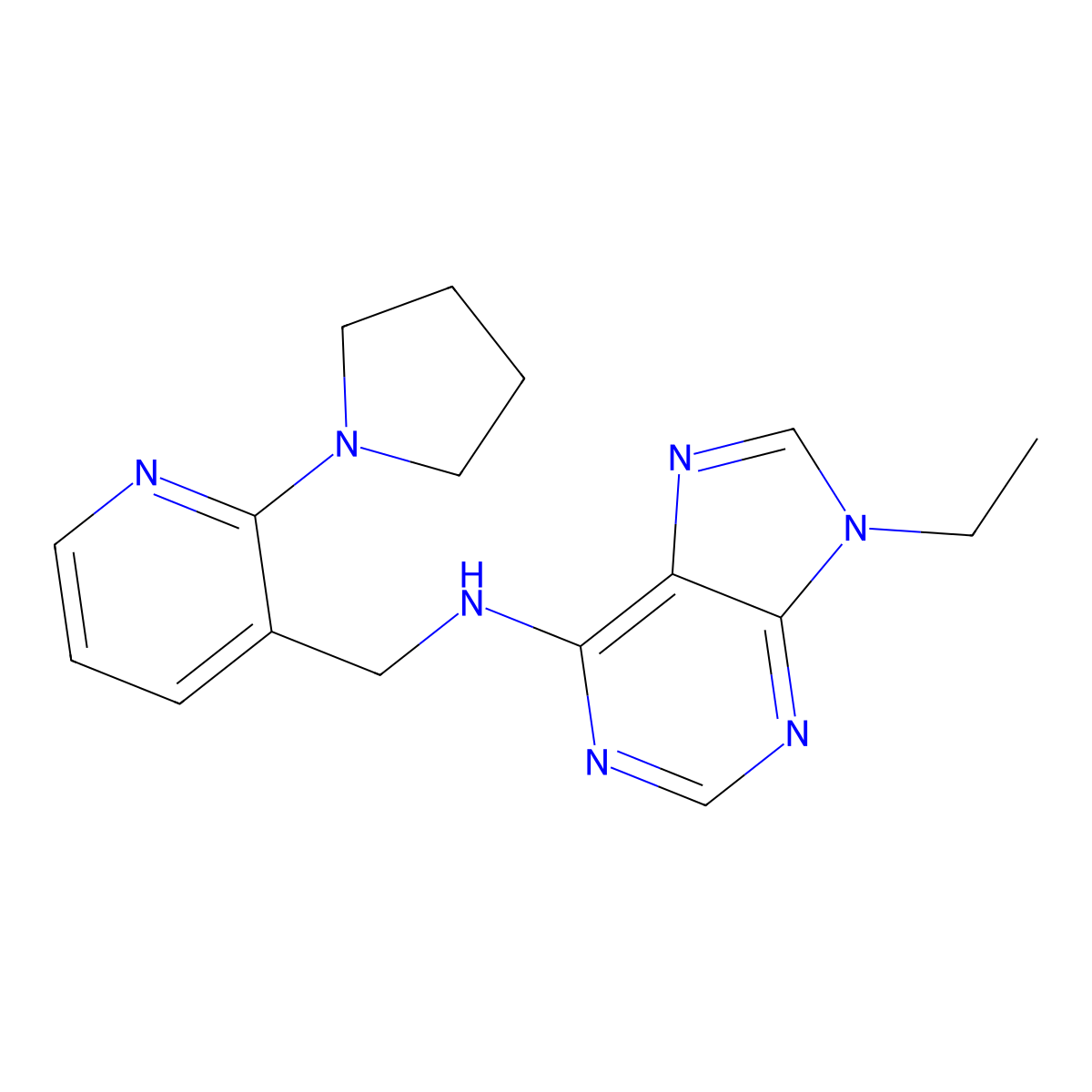 9-ethyl-N-{[2-(pyrrolidin-1-yl)pyridin-3-yl]methyl}-9H-purin-6-amine molecular structure, CAS 2877668-34-1
