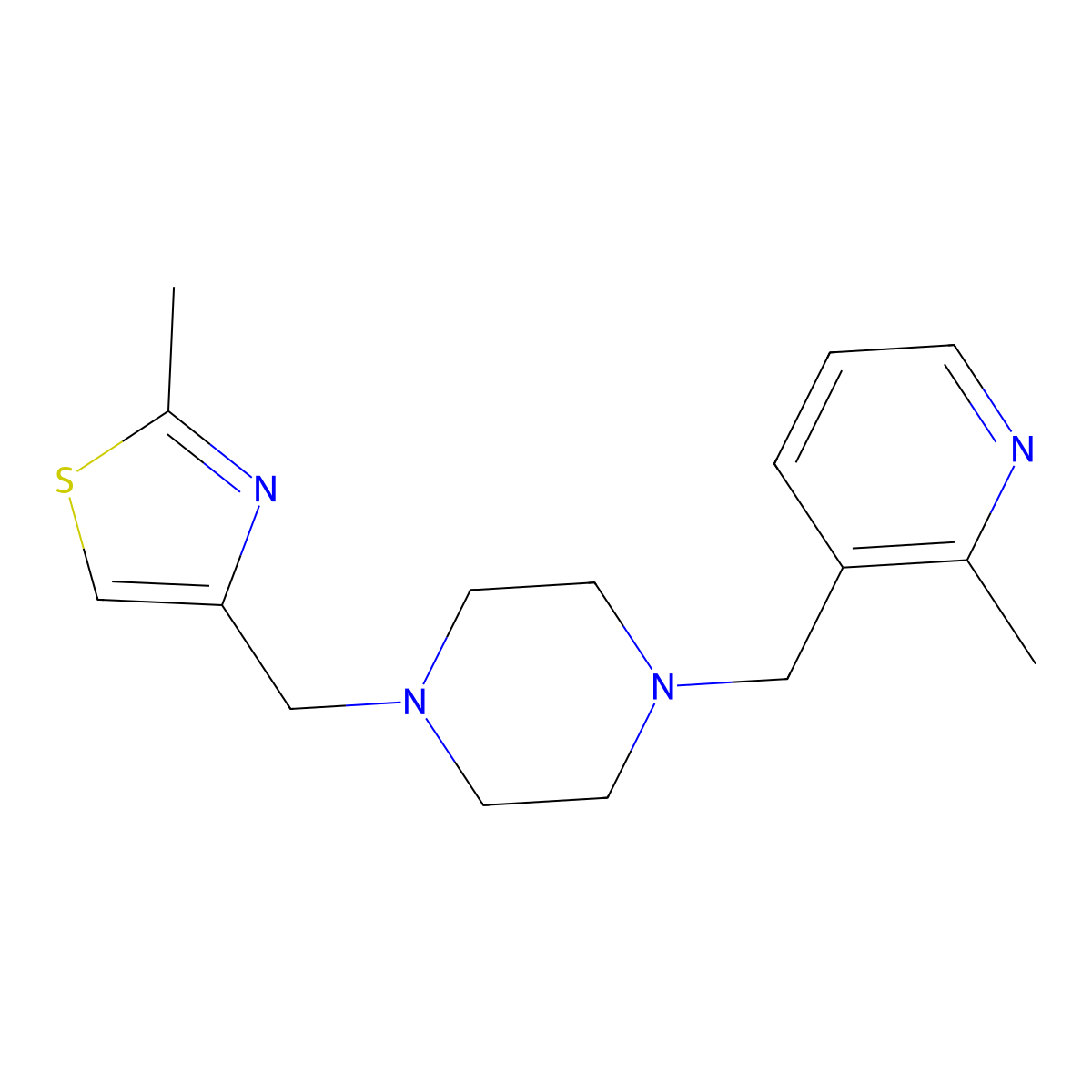 1-[(2-Methyl-1,3-thiazol-4-yl)methyl]-4-[(2-methylpyridin-3-yl)methyl]piperazine molecular structure, CAS 2877668-35-2