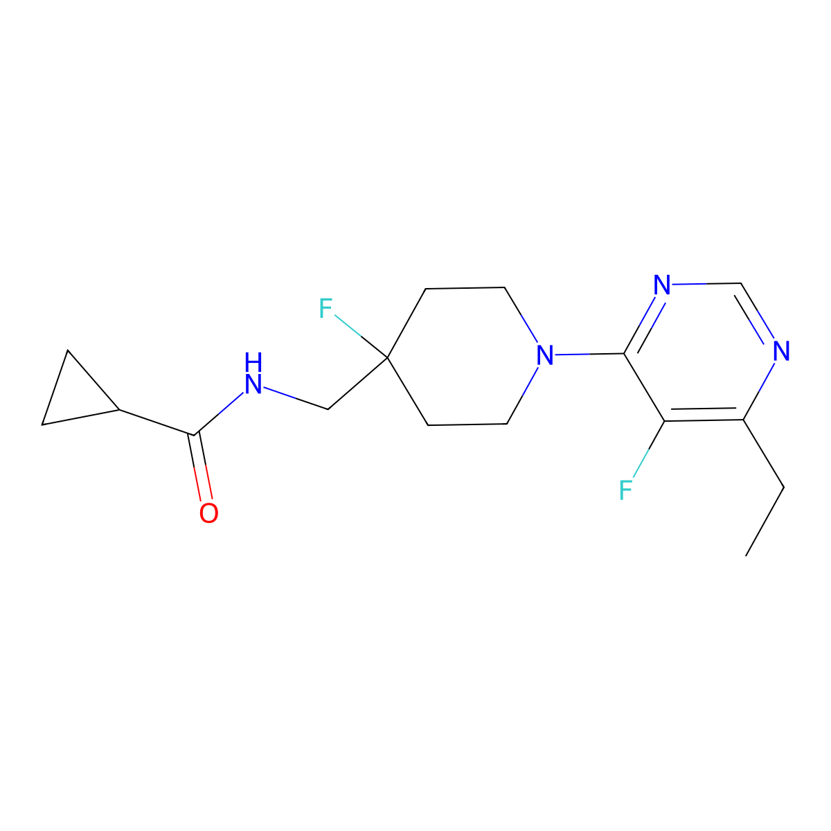 N-{[1-(6-ethyl-5-fluoropyrimidin-4-yl)-4-fluoropiperidin-4-yl]methyl}cyclopropanecarboxamide molecular structure, CAS 2877668-36-3