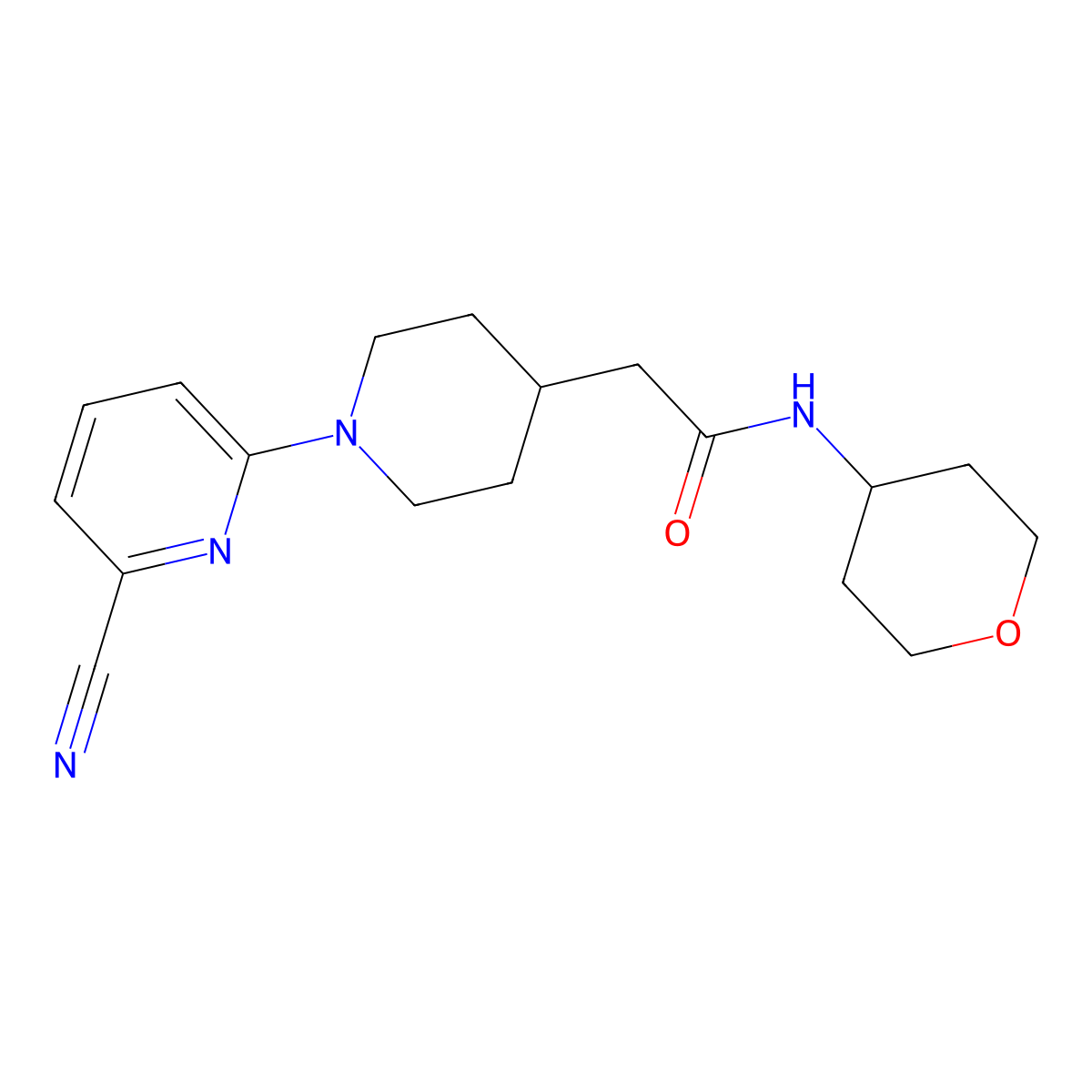 2-[1-(6-cyanopyridin-2-yl)piperidin-4-yl]-N-(oxan-4-yl)acetamide molecular structure, CAS 2877668-38-5