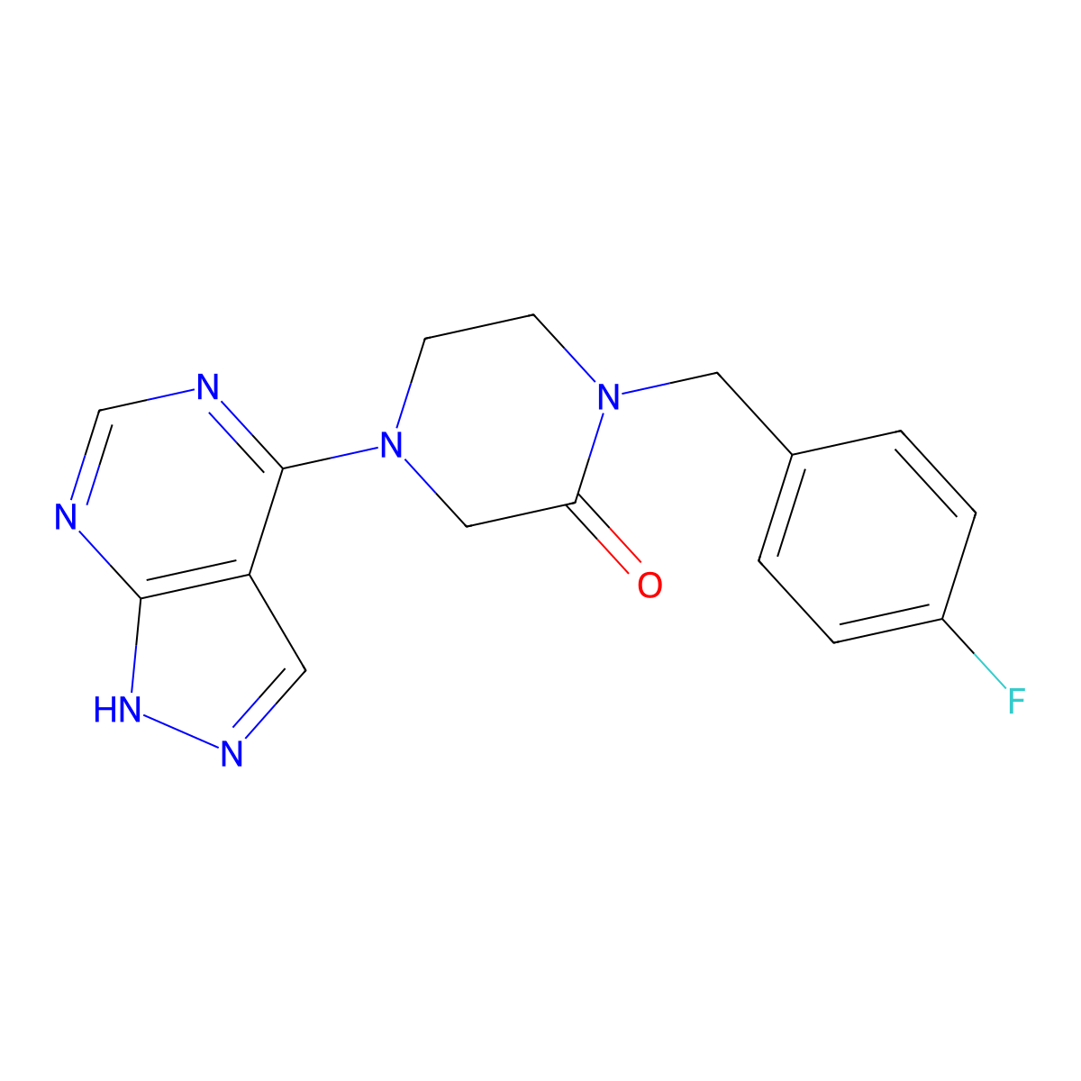 1-[(4-fluorophenyl)methyl]-4-{1H-pyrazolo[3,4-d]pyrimidin-4-yl}piperazin-2-one molecular structure, CAS 2877668-40-9