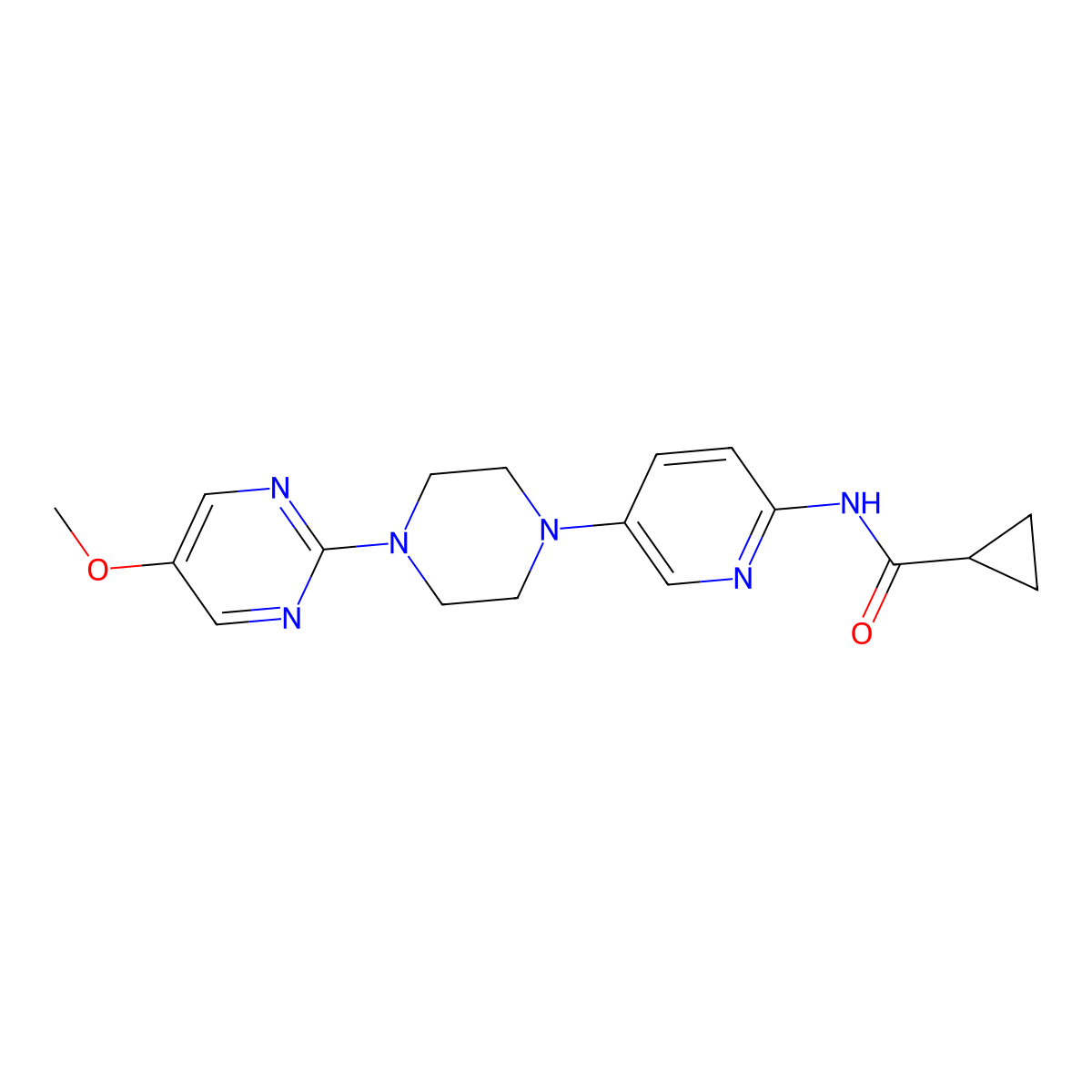 N-{5-[4-(5-methoxypyrimidin-2-yl)piperazin-1-yl]pyridin-2-yl}cyclopropanecarboxamide molecular structure, CAS 2877668-41-0