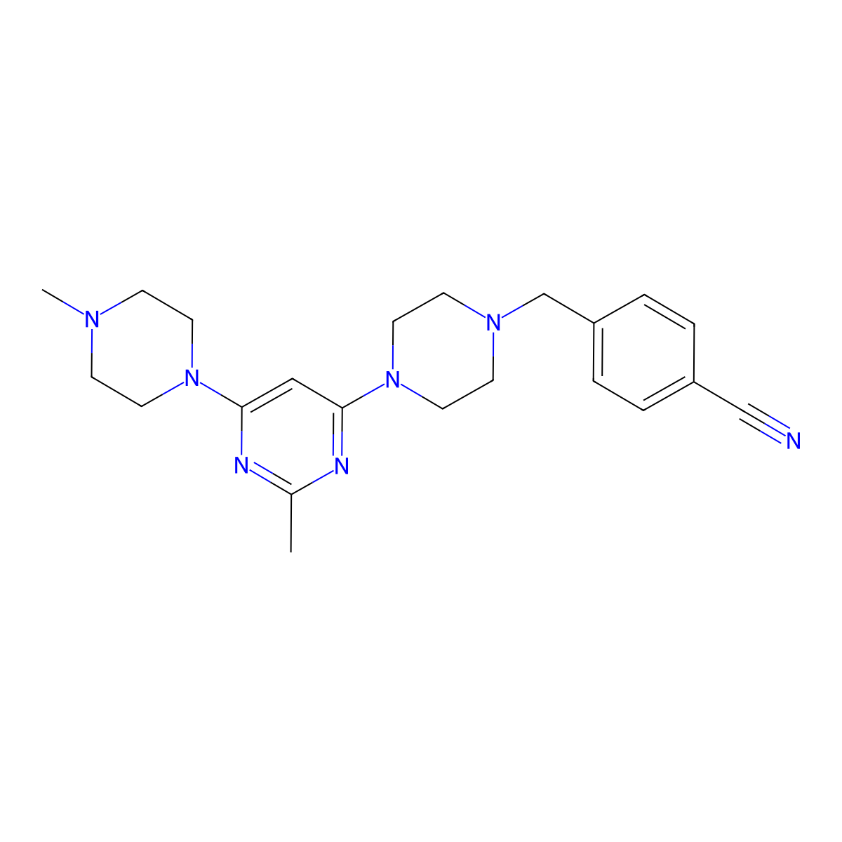 4-({4-[2-Methyl-6-(4-methylpiperazin-1-yl)pyrimidin-4-yl]piperazin-1-yl}methyl)benzonitrile molecular structure, CAS 2877668-42-1