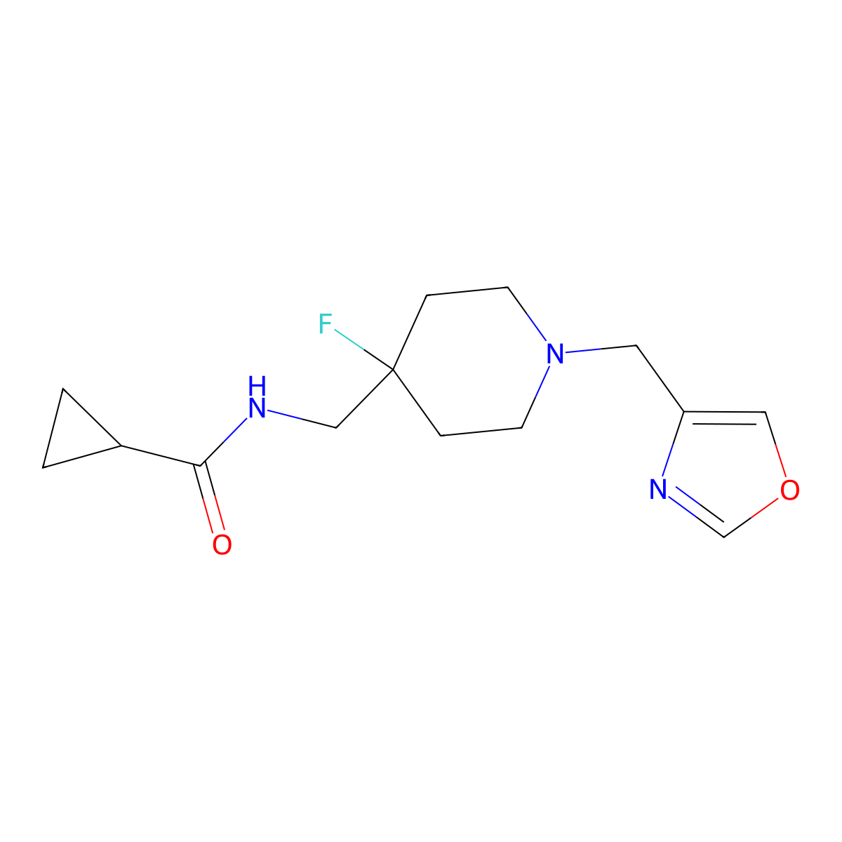 N-({4-fluoro-1-[(1,3-oxazol-4-yl)methyl]piperidin-4-yl}methyl)cyclopropanecarboxamide molecular structure, CAS 2877668-43-2