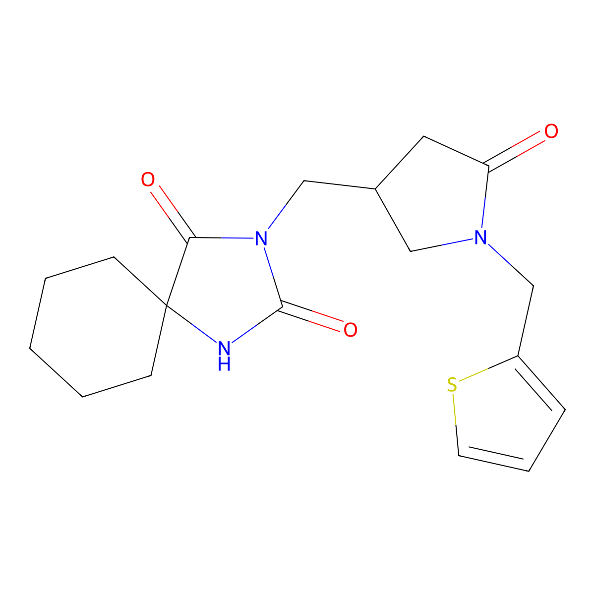 3-({5-Oxo-1-[(thiophen-2-yl)methyl]pyrrolidin-3-yl}methyl)-1,3-diazaspiro[4.5]decane-2,4-dione molecular structure, CAS 2877668-45-4