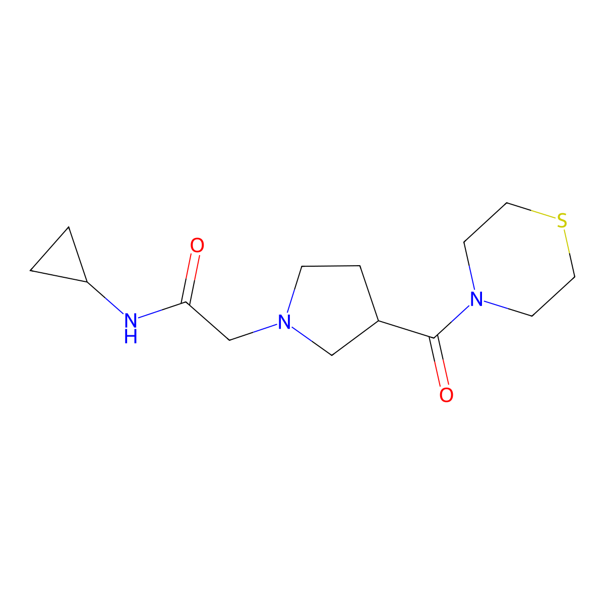 N-cyclopropyl-2-[3-(thiomorpholine-4-carbonyl)pyrrolidin-1-yl]acetamide molecular structure, CAS 2877668-57-8