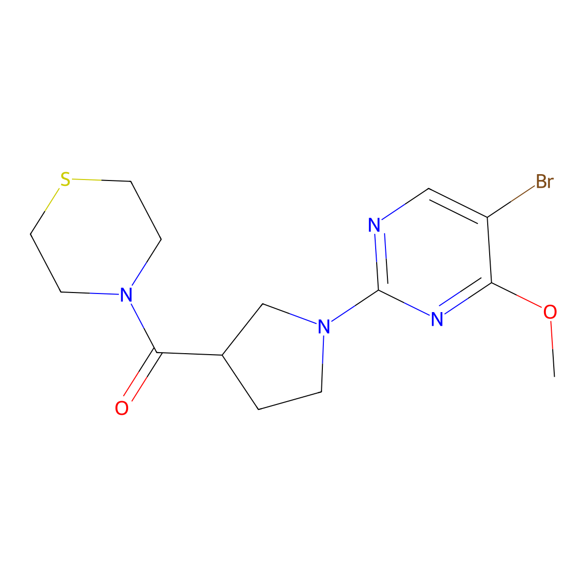 4-[1-(5-Bromo-4-methoxypyrimidin-2-yl)pyrrolidine-3-carbonyl]thiomorpholine molecular structure, CAS 2877668-59-0