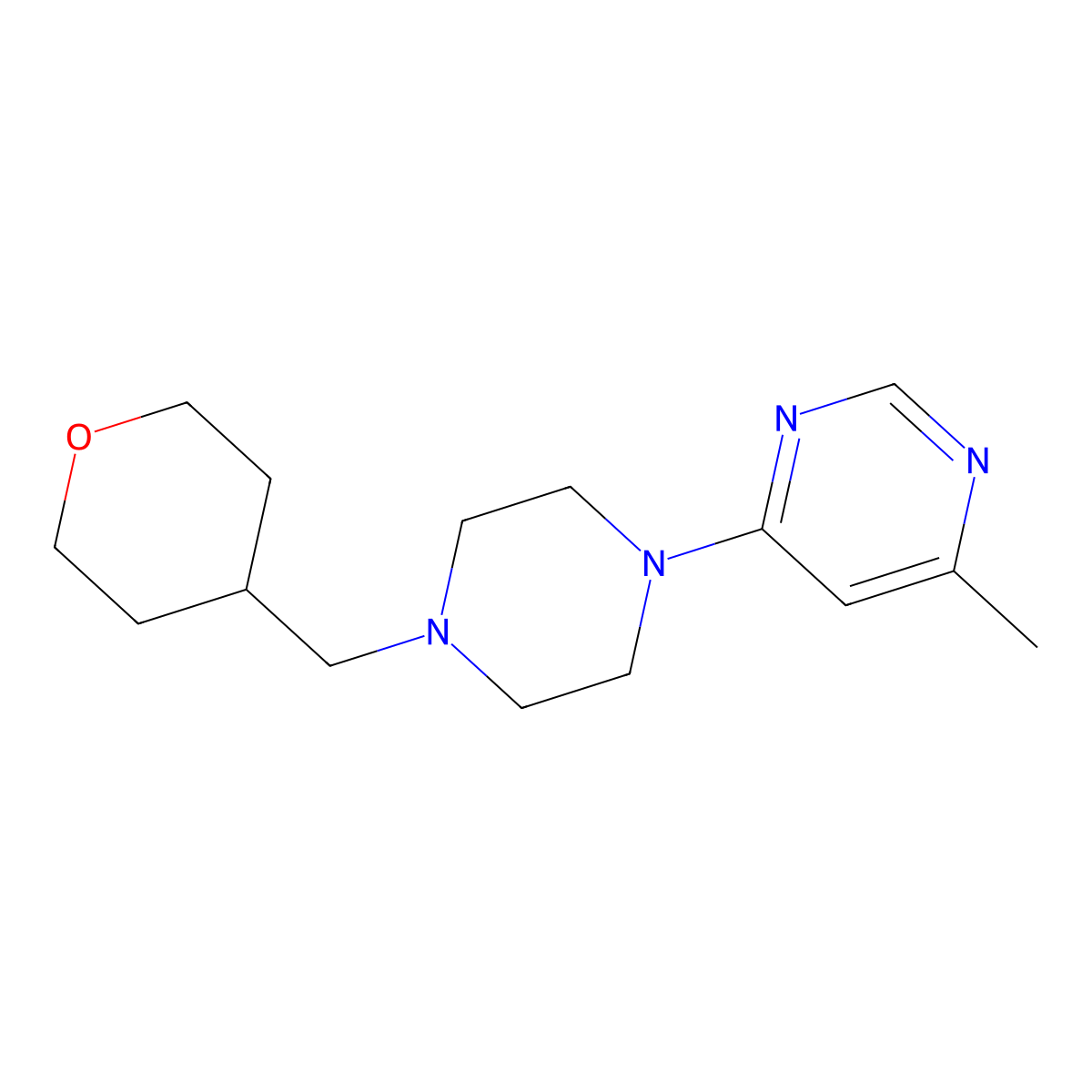 4-Methyl-6-{4-[(oxan-4-yl)methyl]piperazin-1-yl}pyrimidine molecular structure, CAS 2877668-70-5