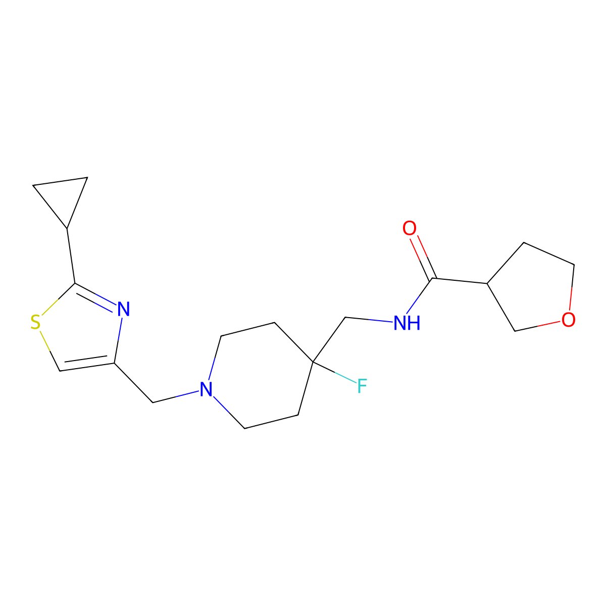 N-({1-[(2-cyclopropyl-1,3-thiazol-4-yl)methyl]-4-fluoropiperidin-4-yl}methyl)oxolane-3-carboxamide molecular structure, CAS 2877668-71-6