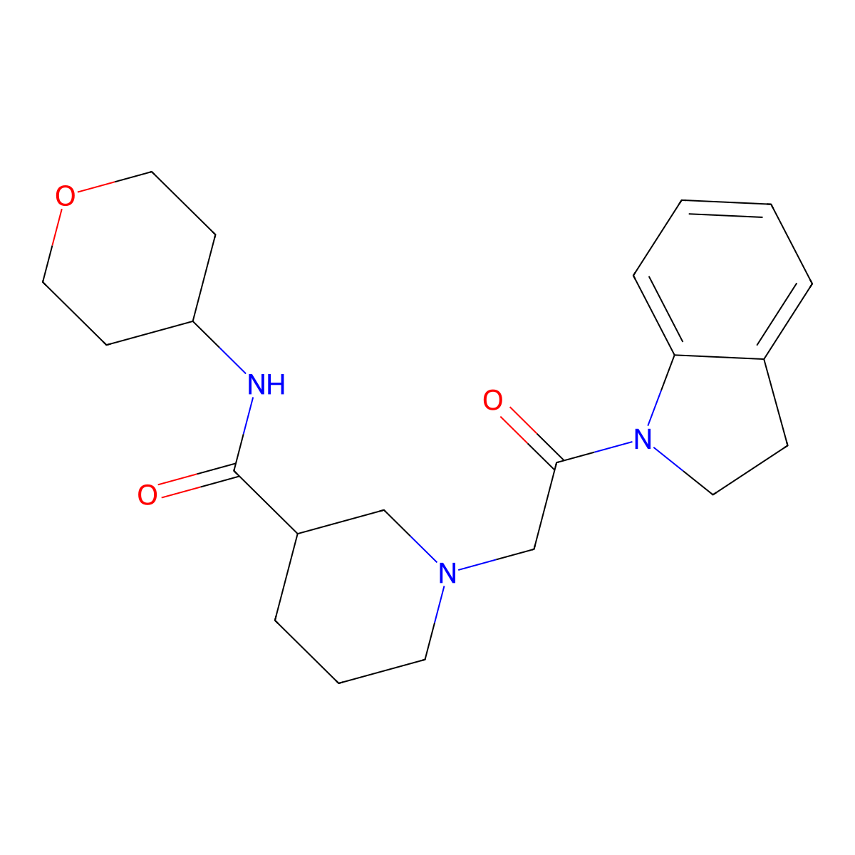 1-[2-(2,3-dihydro-1H-indol-1-yl)-2-oxoethyl]-N-(oxan-4-yl)piperidine-3-carboxamide molecular structure, CAS 2877668-73-8