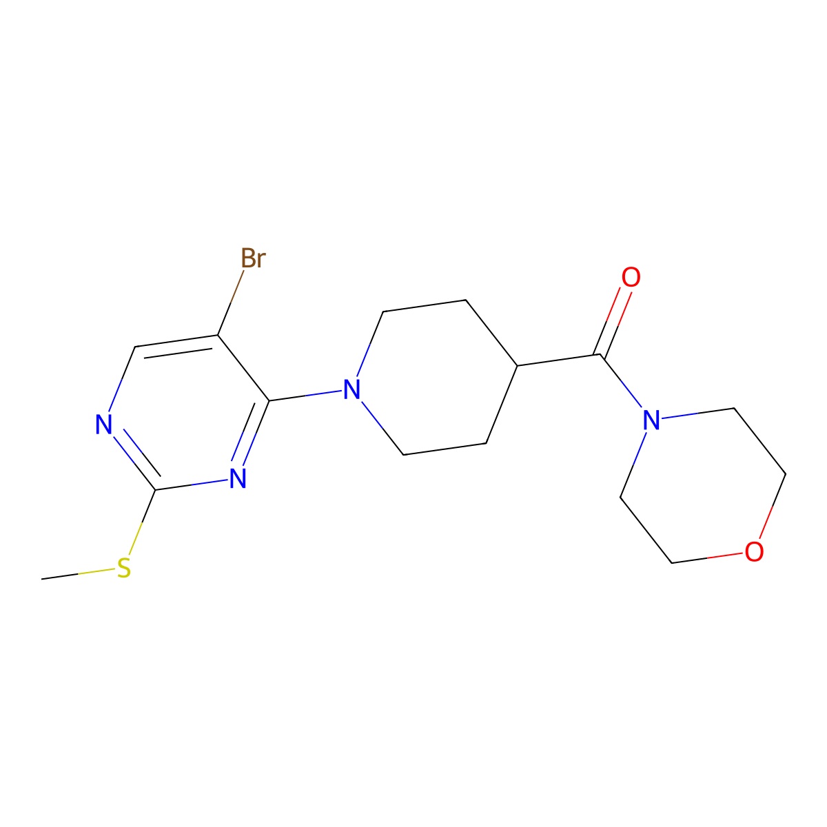 4-{1-[5-Bromo-2-(methylsulfanyl)pyrimidin-4-yl]piperidine-4-carbonyl}morpholine molecular structure, CAS 2877668-87-4