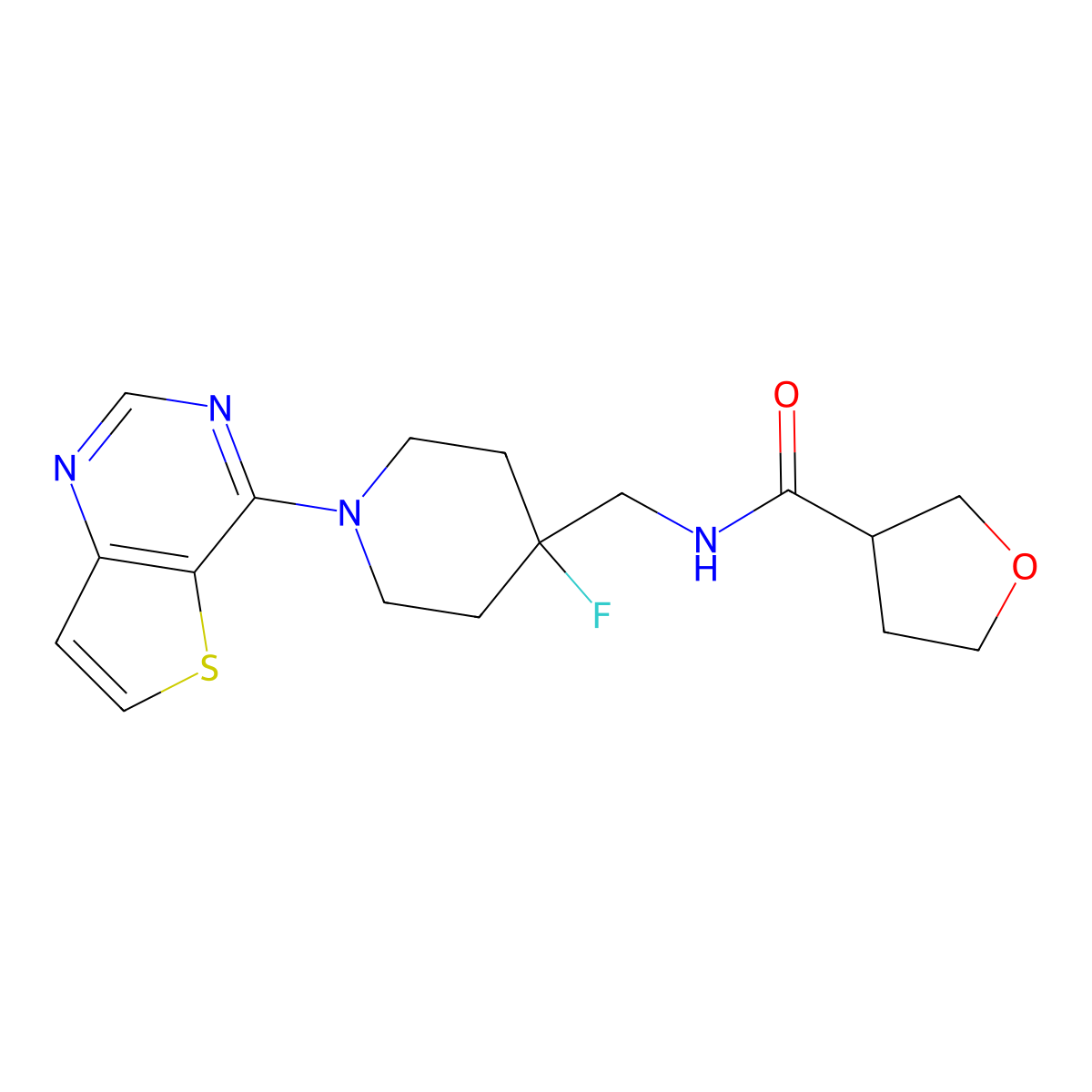 N-[(4-fluoro-1-{thieno[3,2-d]pyrimidin-4-yl}piperidin-4-yl)methyl]oxolane-3-carboxamide molecular structure, CAS 2877668-99-8