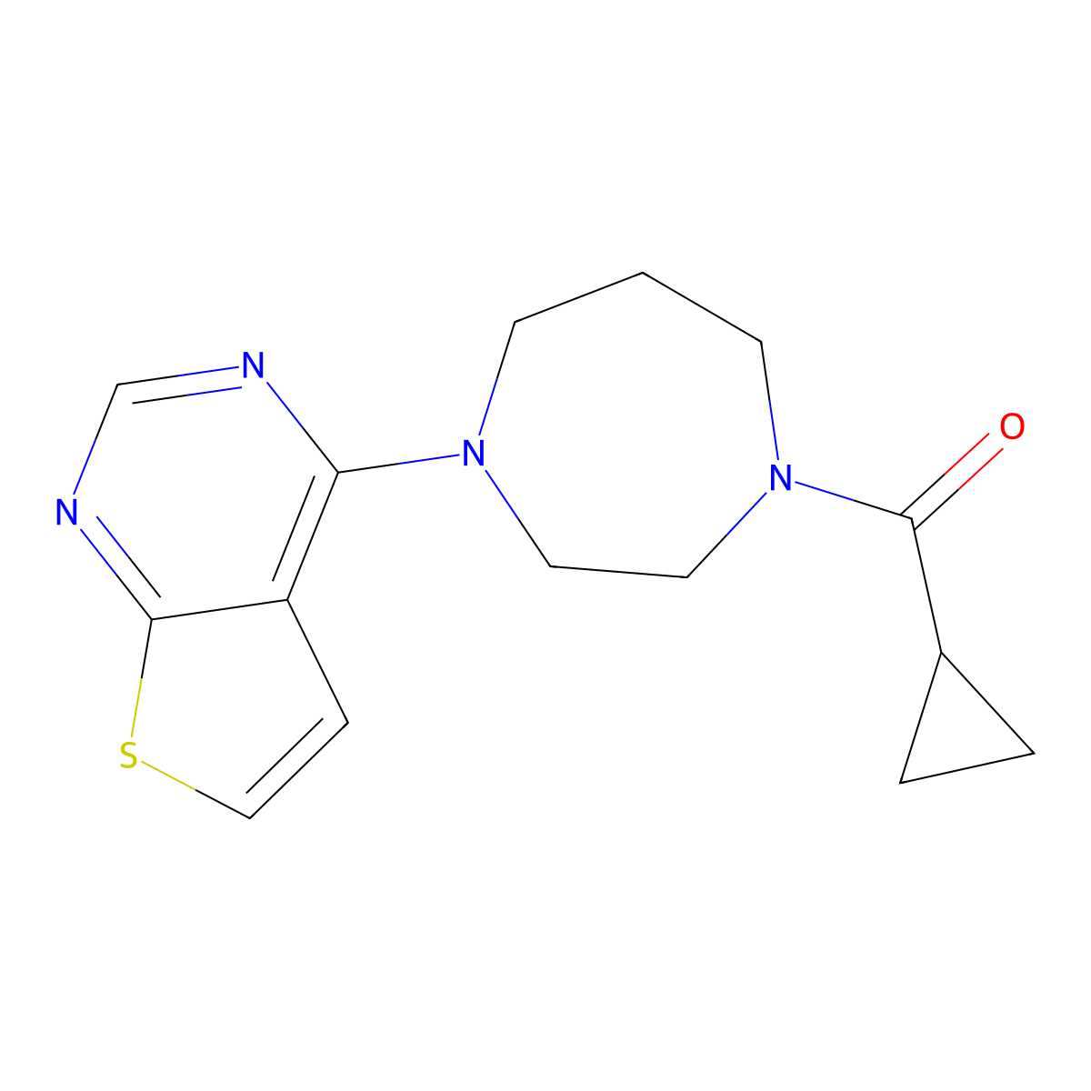 1-Cyclopropanecarbonyl-4-{thieno[2,3-d]pyrimidin-4-yl}-1,4-diazepane molecular structure, CAS 2877669-00-4
