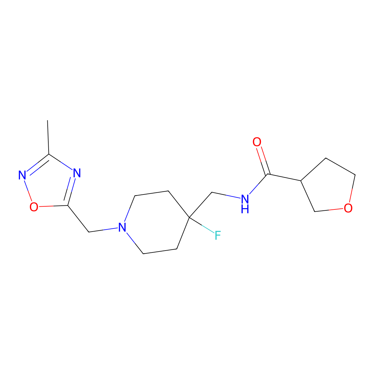 N-({4-fluoro-1-[(3-methyl-1,2,4-oxadiazol-5-yl)methyl]piperidin-4-yl}methyl)oxolane-3-carboxamide molecular structure, CAS 2877669-06-0