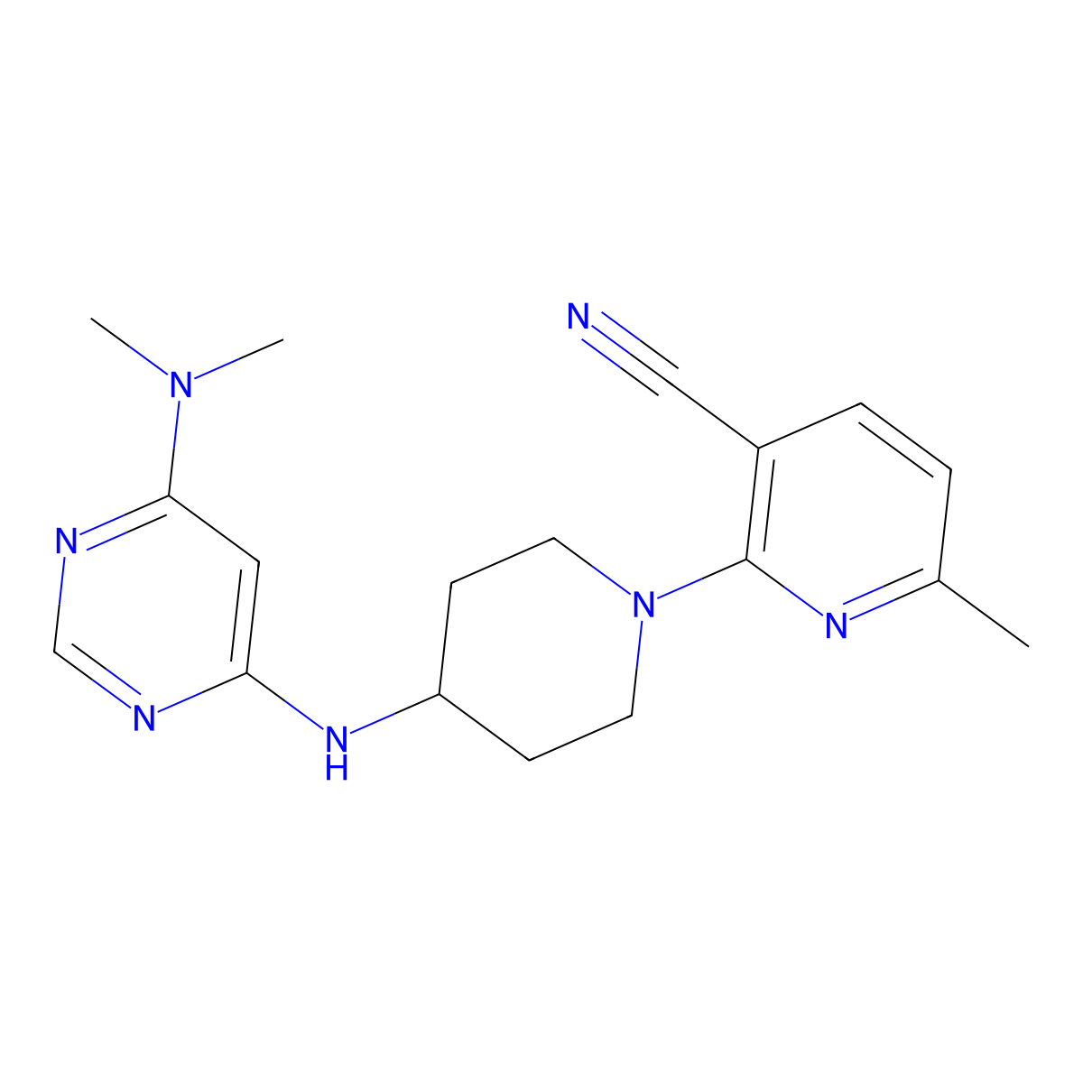 2-(4-{[6-(Dimethylamino)pyrimidin-4-yl]amino}piperidin-1-yl)-6-methylpyridine-3-carbonitrile molecular structure, CAS 2877669-07-1