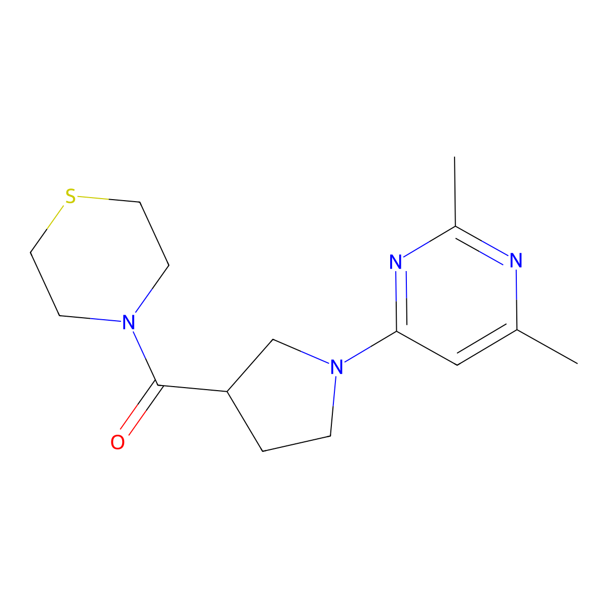 4-[1-(2,6-Dimethylpyrimidin-4-yl)pyrrolidine-3-carbonyl]thiomorpholine molecular structure, CAS 2877669-09-3