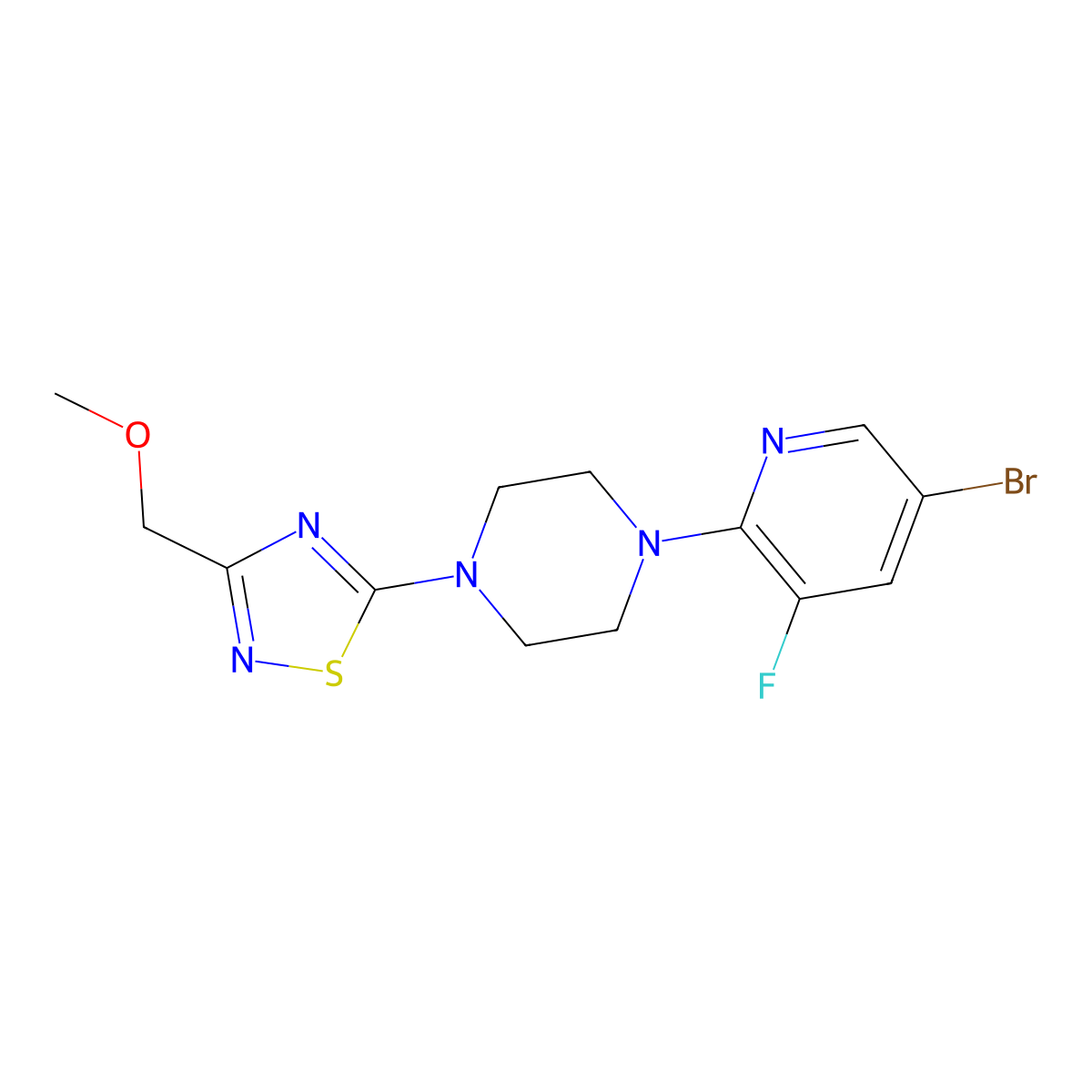 1-(5-Bromo-3-fluoropyridin-2-yl)-4-[3-(methoxymethyl)-1,2,4-thiadiazol-5-yl]piperazine molecular structure, CAS 2877669-10-6