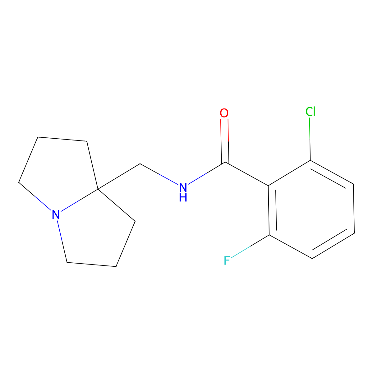 2-chloro-6-fluoro-N-[(hexahydro-1H-pyrrolizin-7a-yl)methyl]benzamide molecular structure, CAS 2877669-12-8