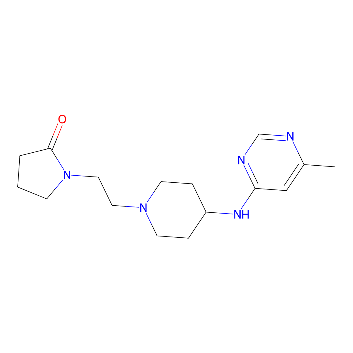 1-(2-{4-[(6-Methylpyrimidin-4-yl)amino]piperidin-1-yl}ethyl)pyrrolidin-2-one molecular structure, CAS 2877669-16-2
