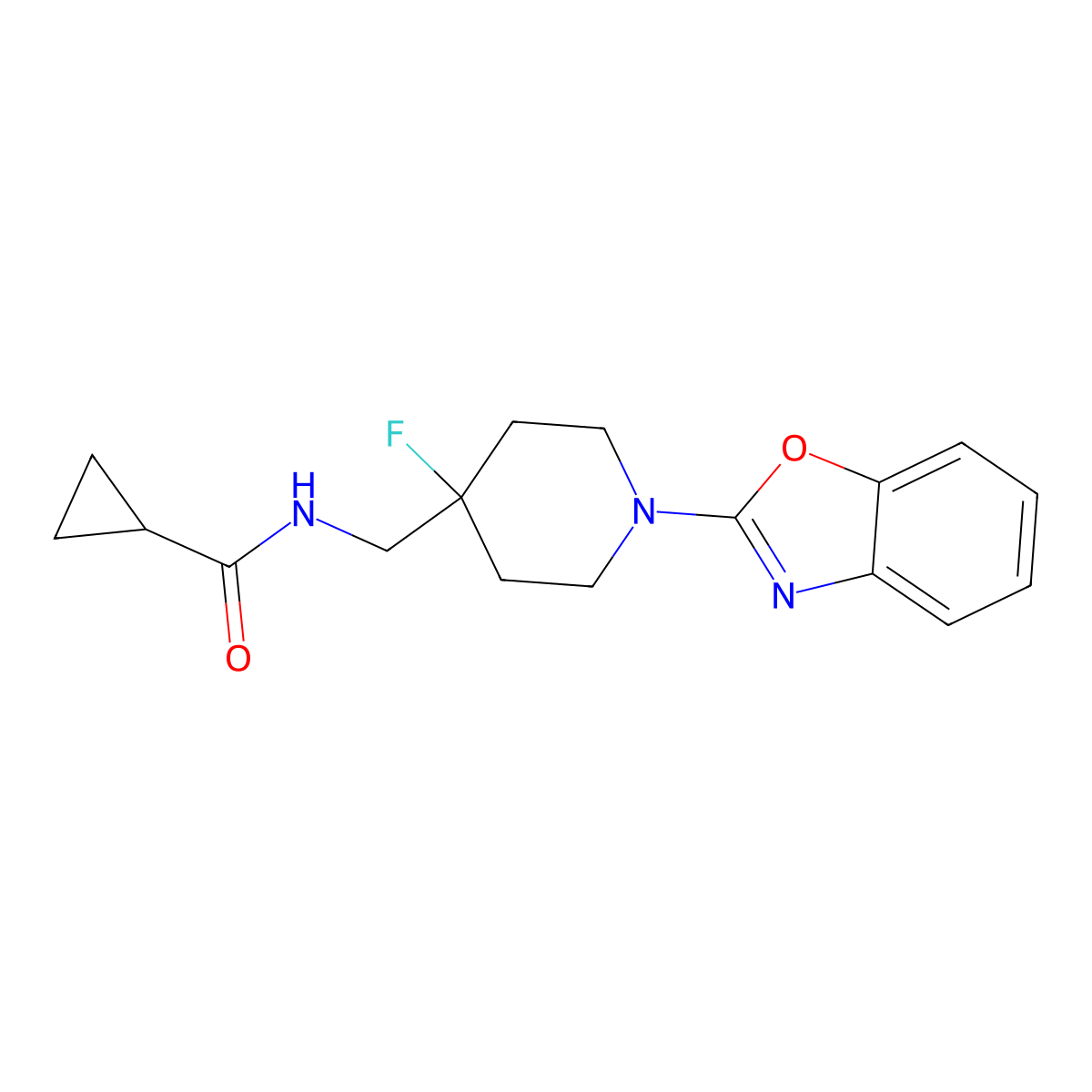 N-{[1-(1,3-benzoxazol-2-yl)-4-fluoropiperidin-4-yl]methyl}cyclopropanecarboxamide molecular structure, CAS 2877669-18-4