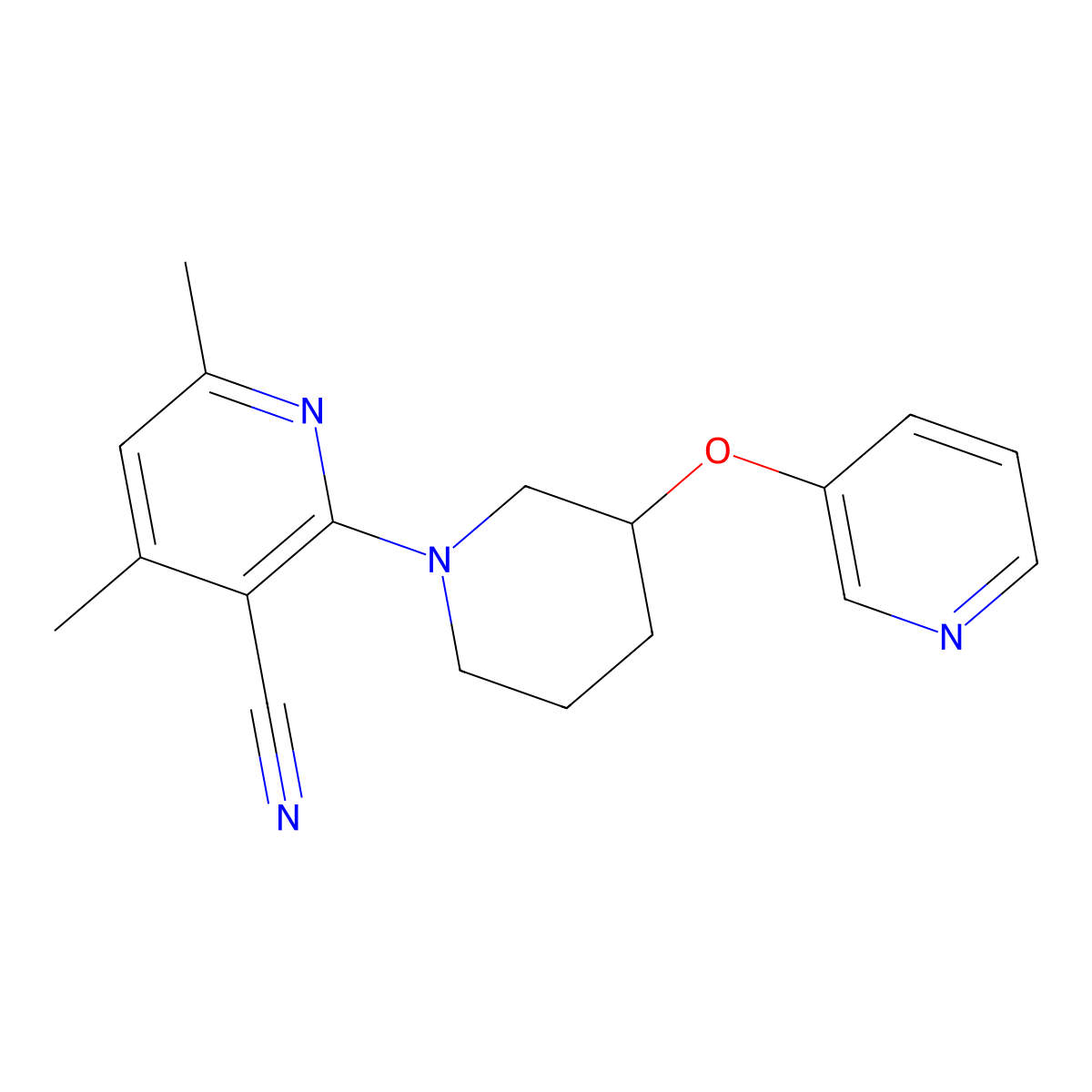4,6-Dimethyl-2-[3-(pyridin-3-yloxy)piperidin-1-yl]pyridine-3-carbonitrile molecular structure, CAS 2877669-22-0